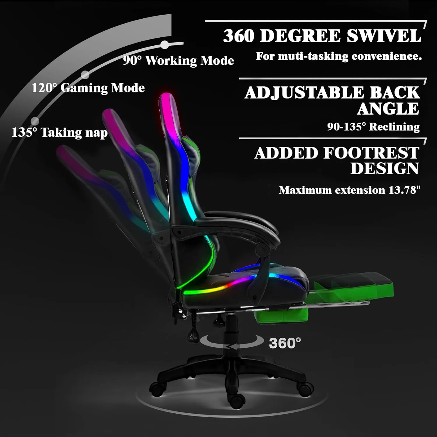 Gaming Chair, Racing Style RGB LED Lights Gaming Chairs for Adults and Kids, Lumbar Massager Gamer Chair, High Back Reclining Computer Chair with Footrest and Headrest (Black/Green)