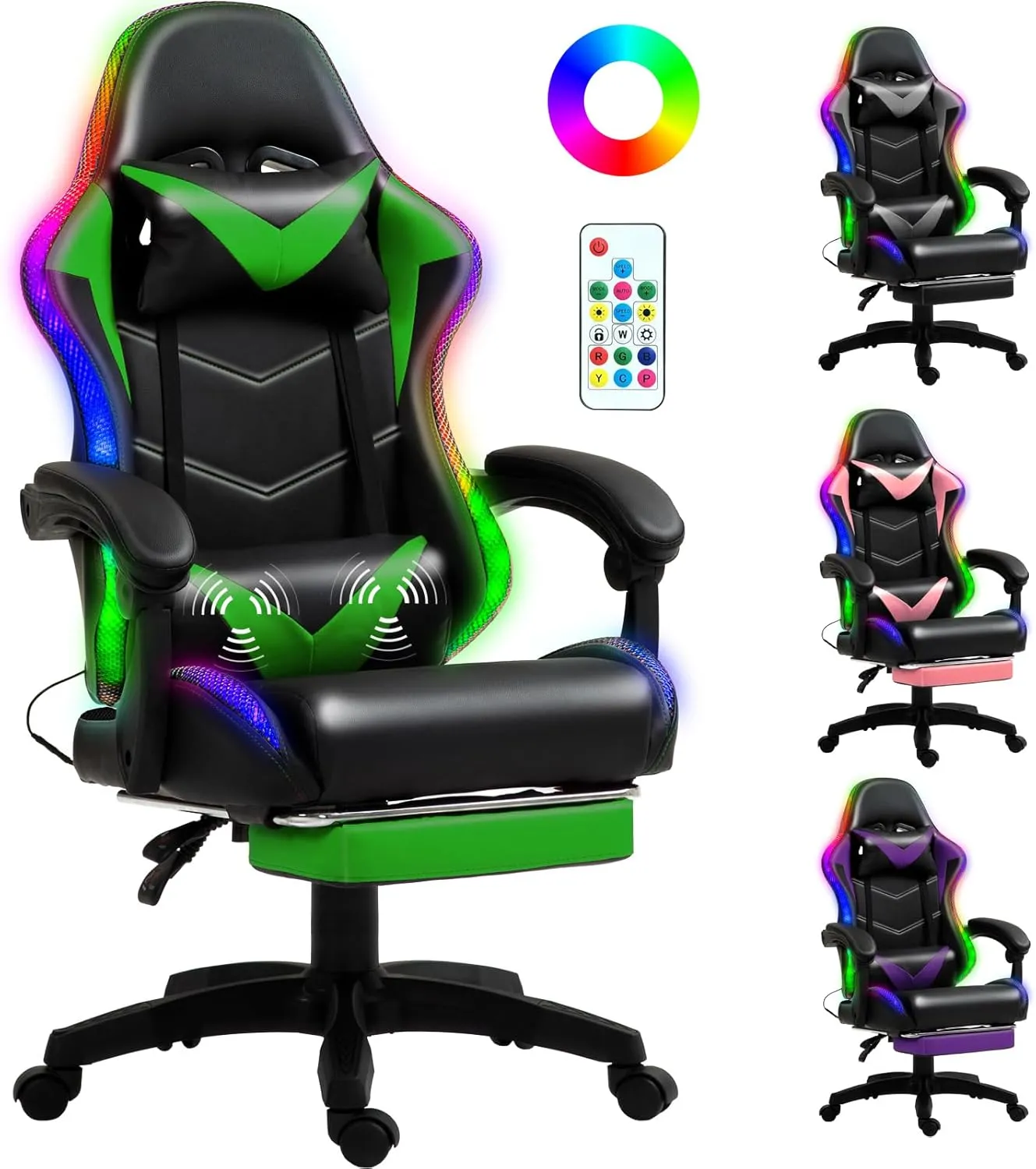 Gaming Chair, Racing Style RGB LED Lights Gaming Chairs for Adults and Kids, Lumbar Massager Gamer Chair, High Back Reclining Computer Chair with Footrest and Headrest (Black/Green)