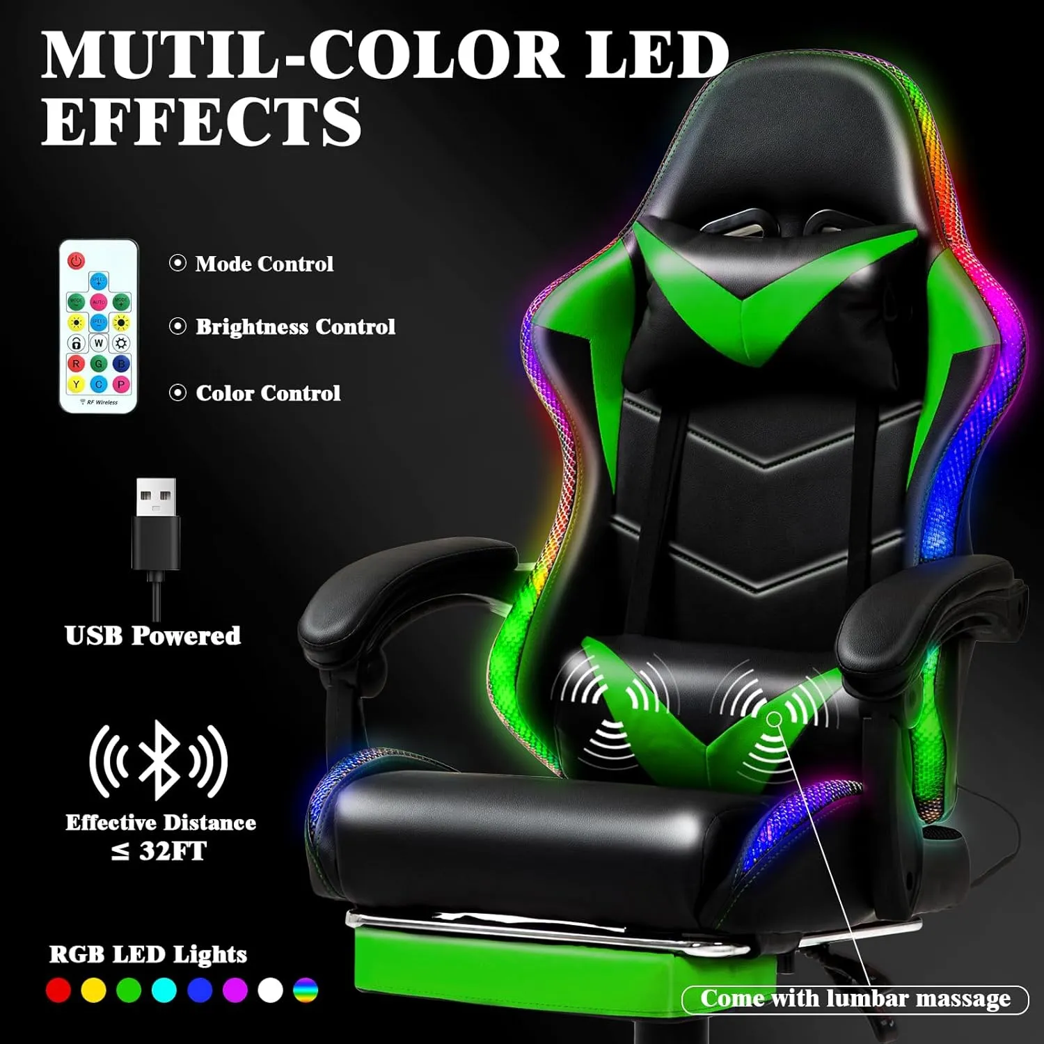 Gaming Chair, Racing Style RGB LED Lights Gaming Chairs for Adults and Kids, Lumbar Massager Gamer Chair, High Back Reclining Computer Chair with Footrest and Headrest (Black/Green)
