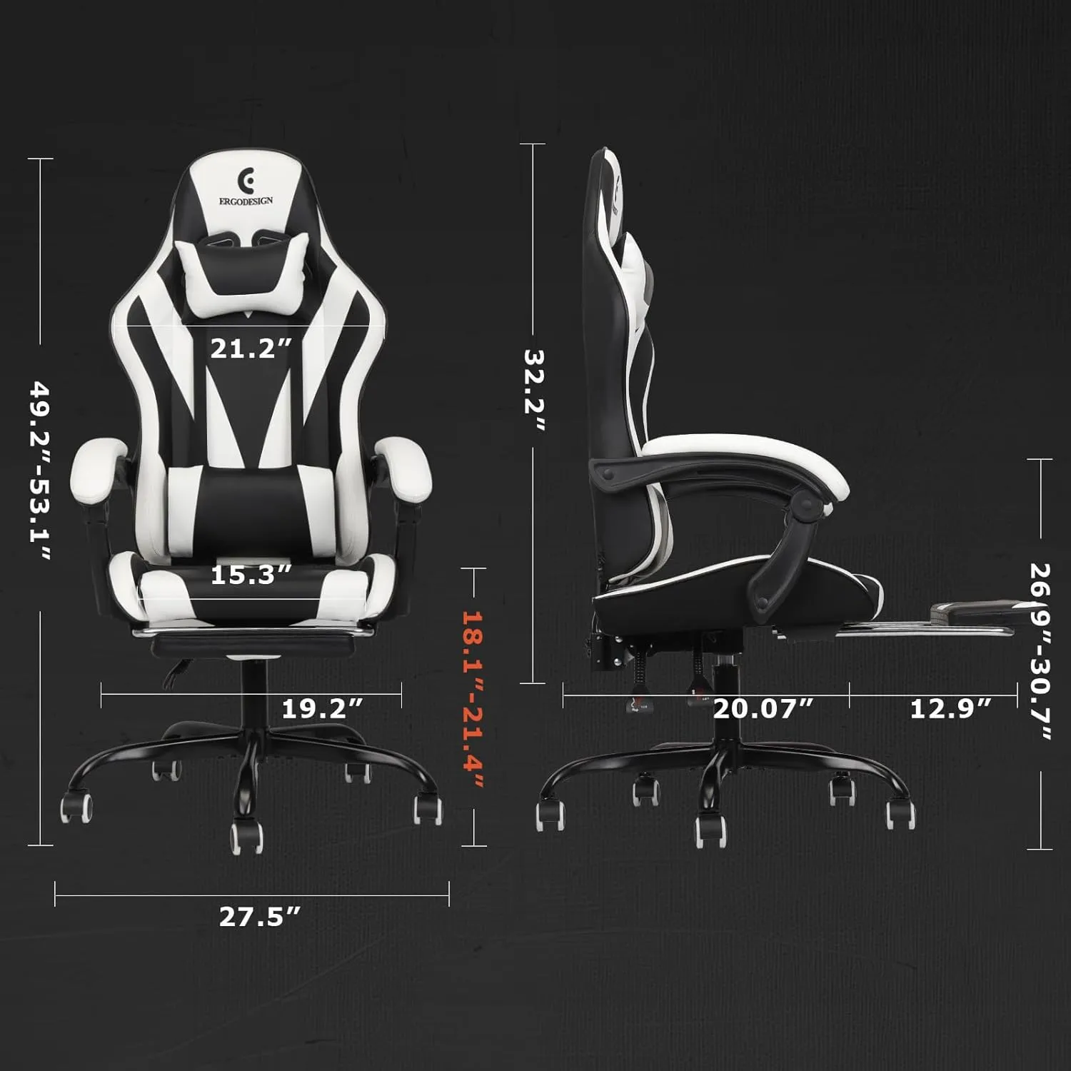 Gaming Chair with Linkage Armrest & Footrest, High Back Video Gaming Chair, Black/White