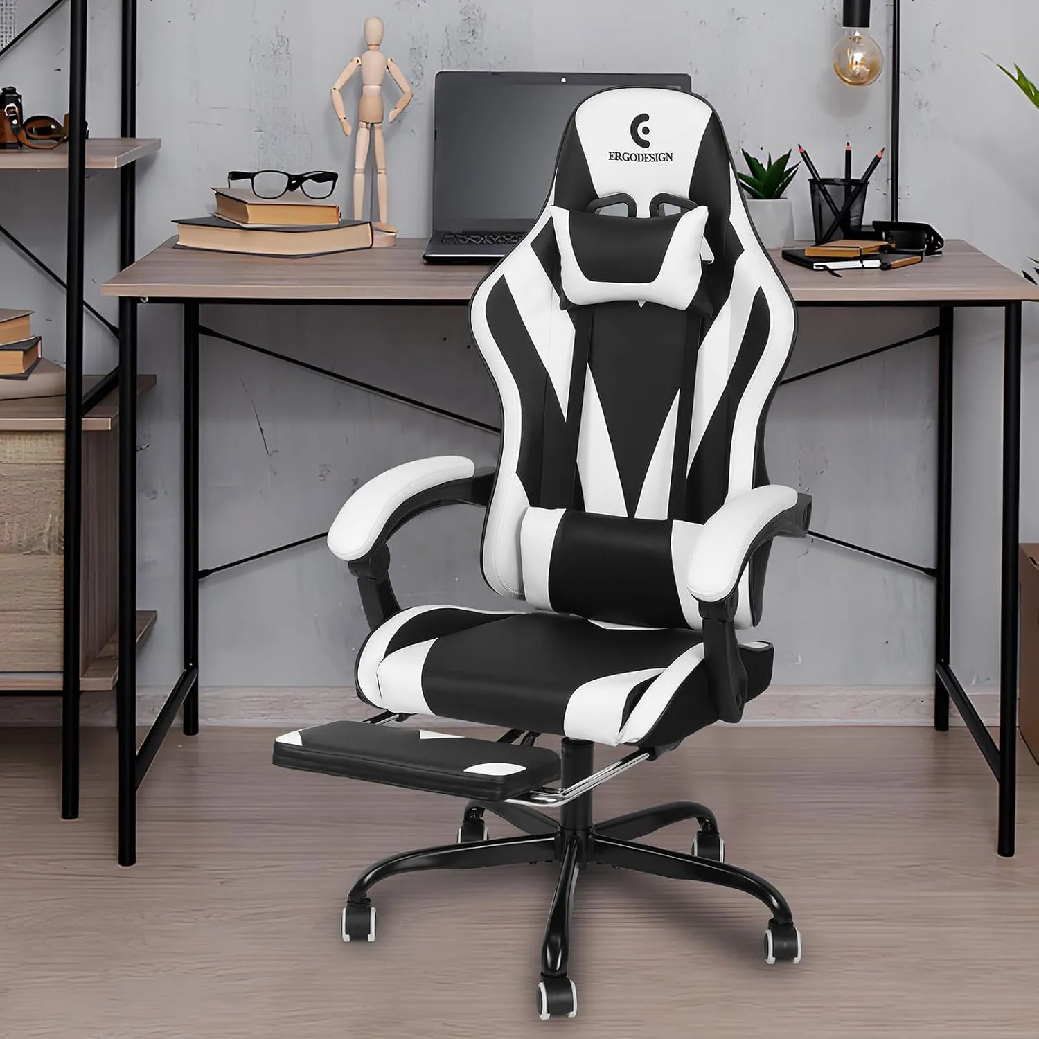 Gaming Chair with Linkage Armrest & Footrest, High Back Video Gaming Chair, Black/White
