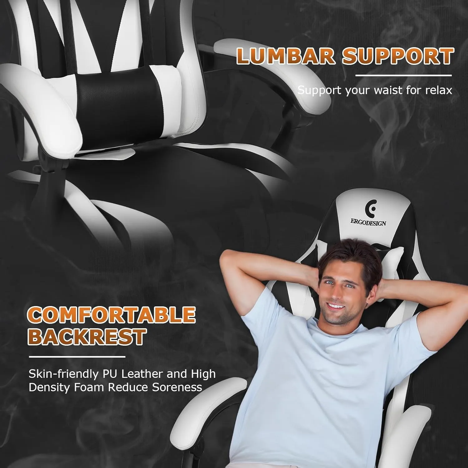 Gaming Chair with Linkage Armrest & Footrest, High Back Video Gaming Chair, Black/White
