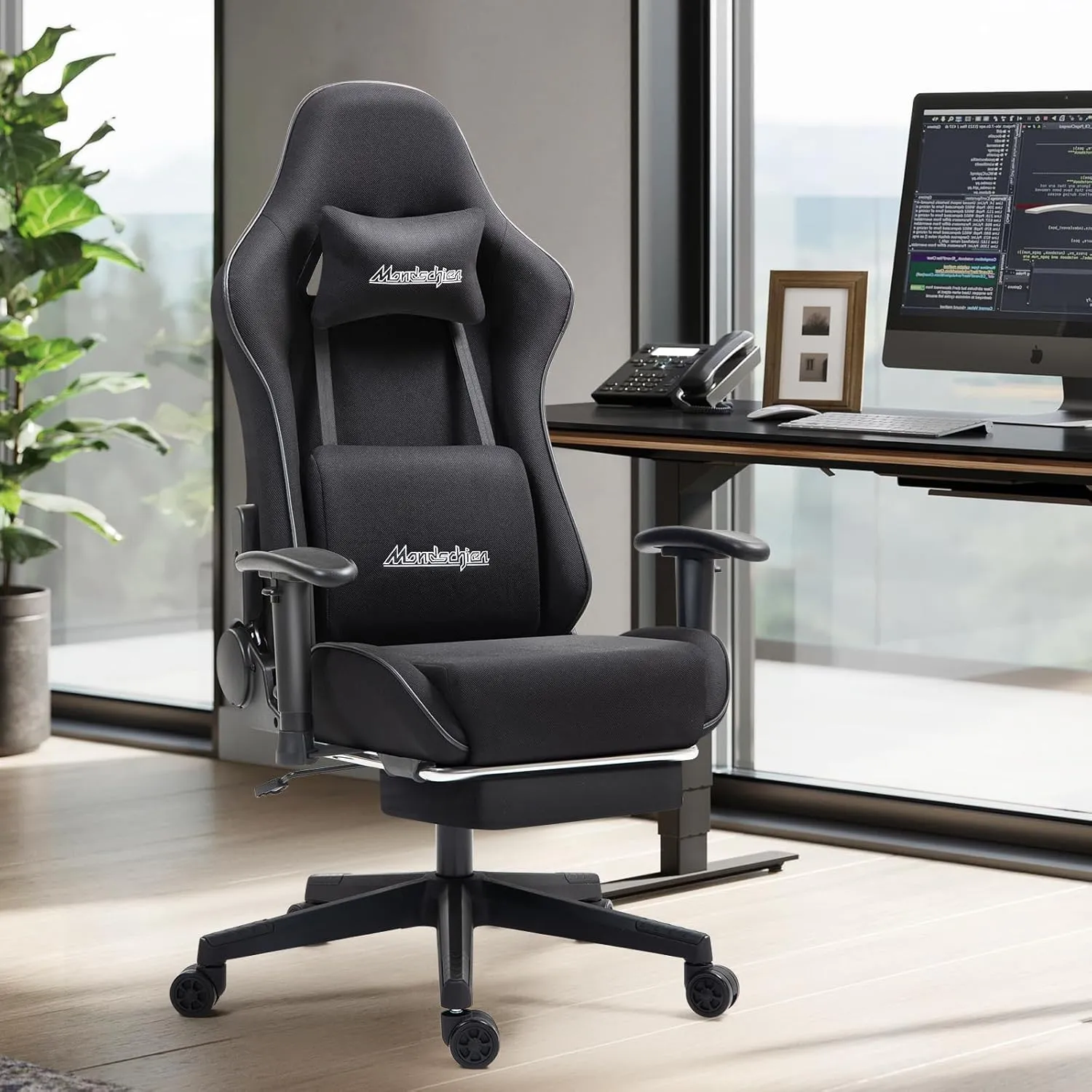 Gaming Chair with Pocket Spring, Fabric Massage Office Chair High Back Ergonomic Reclining Desk Racing Game PC Computer Chair with Footrest, Adjustable Armrest Headrest (Black)