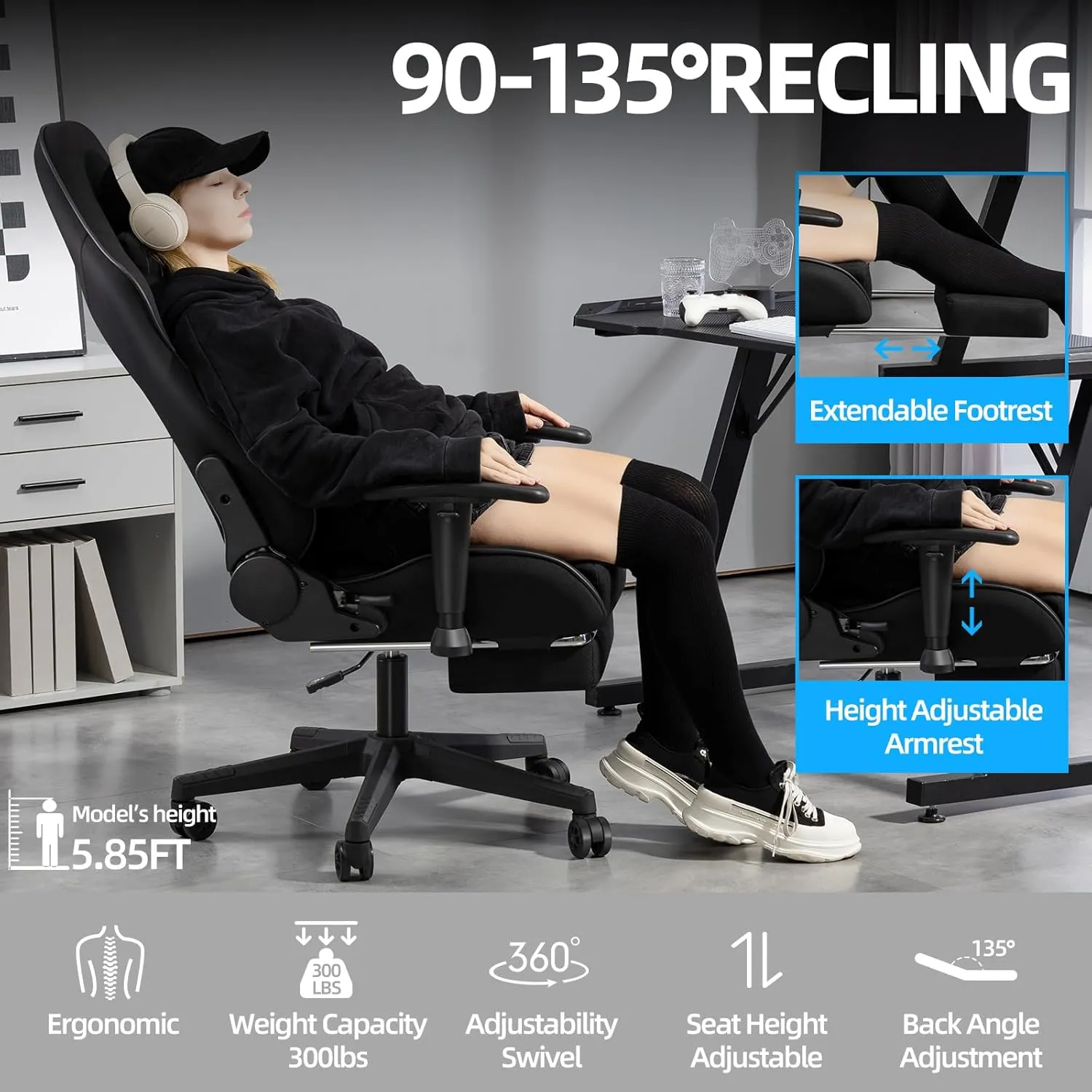 Gaming Chair with Pocket Spring, Fabric Massage Office Chair High Back Ergonomic Reclining Desk Racing Game PC Computer Chair with Footrest, Adjustable Armrest Headrest (Black)