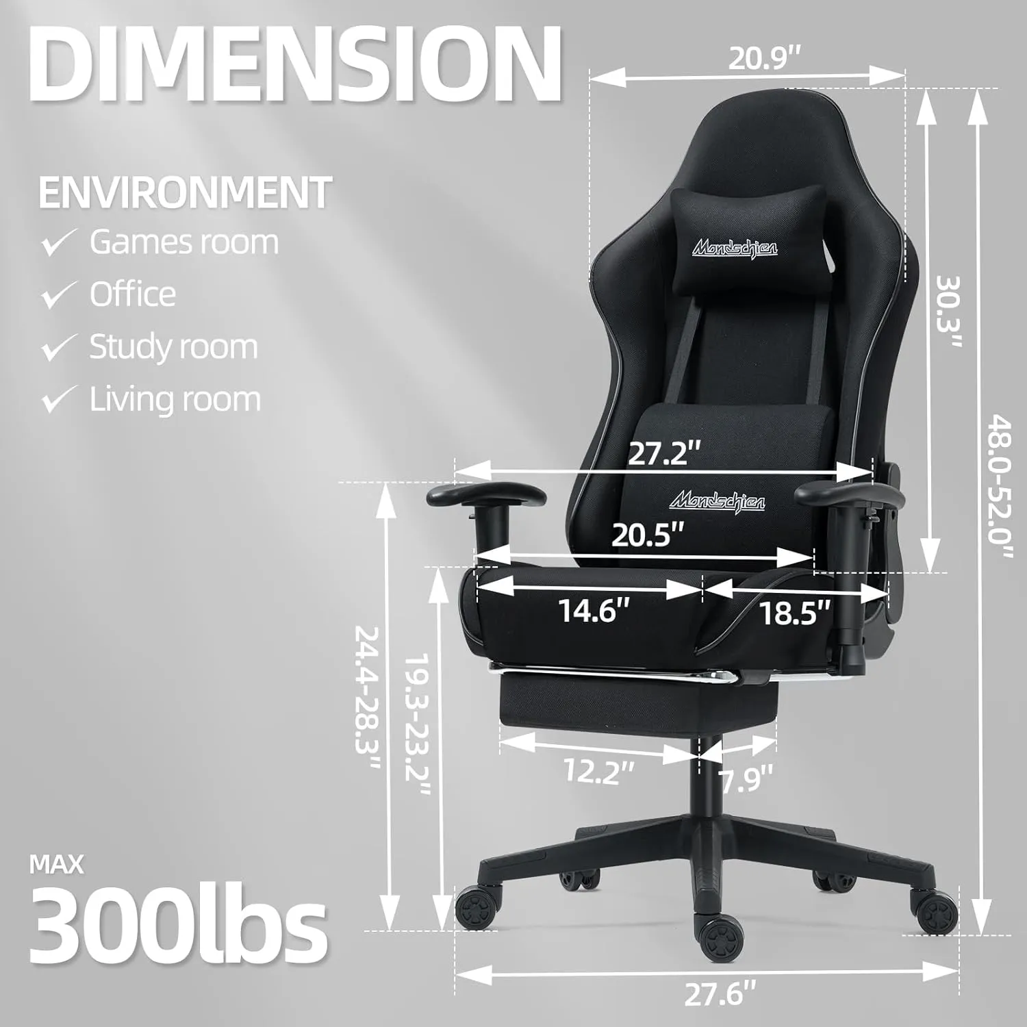 Gaming Chair with Pocket Spring, Fabric Massage Office Chair High Back Ergonomic Reclining Desk Racing Game PC Computer Chair with Footrest, Adjustable Armrest Headrest (Black)