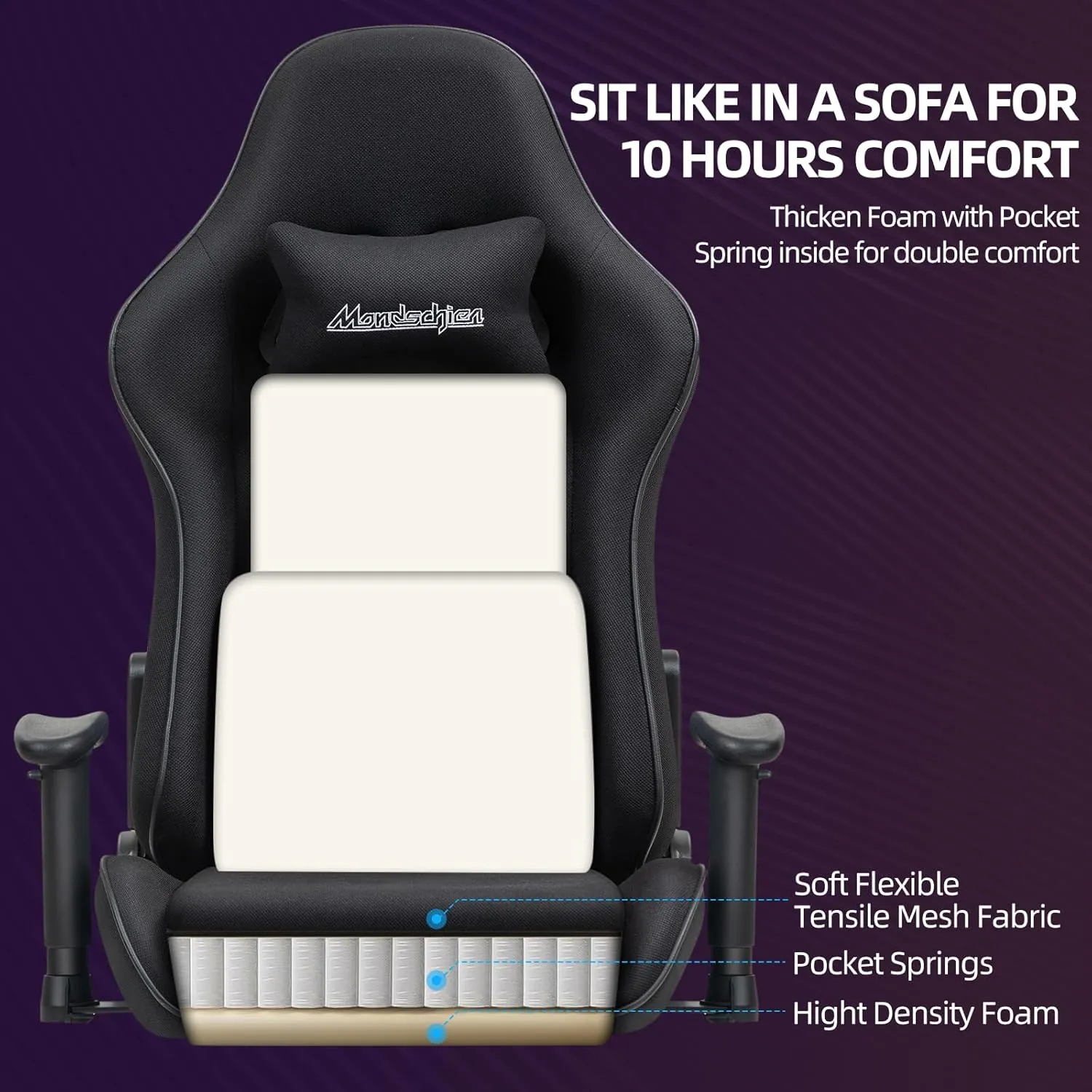 Gaming Chair with Pocket Spring, Fabric Massage Office Chair High Back Ergonomic Reclining Desk Racing Game PC Computer Chair with Footrest, Adjustable Armrest Headrest (Black)