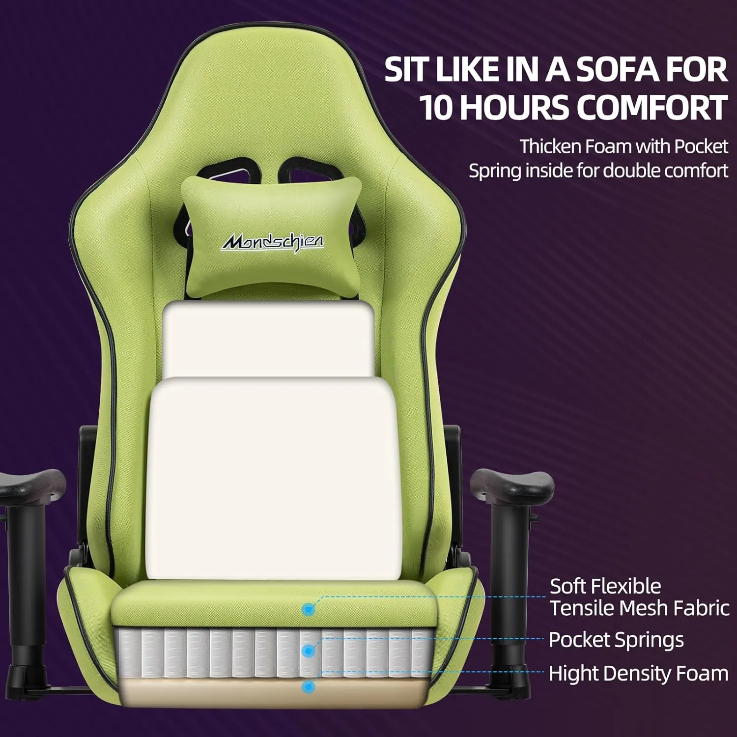 Gaming Chair with Pocket Spring, Fabric Massage Office Chair High Back Ergonomic Reclining Desk Racing Game PC Computer Chair with Footrest, Adjustable Armrest Headrest (Green)