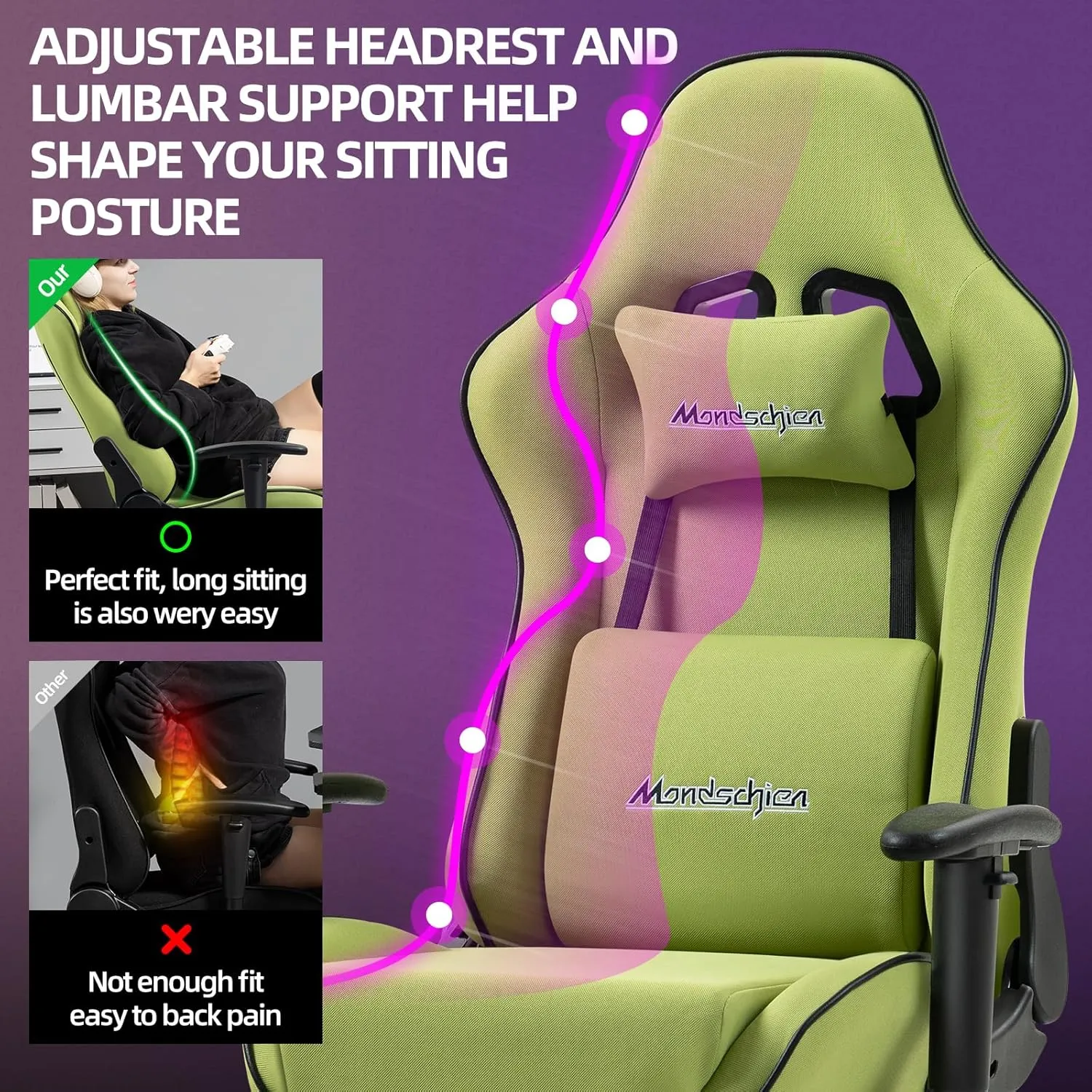 Gaming Chair with Pocket Spring, Fabric Massage Office Chair High Back Ergonomic Reclining Desk Racing Game PC Computer Chair with Footrest, Adjustable Armrest Headrest (Green)