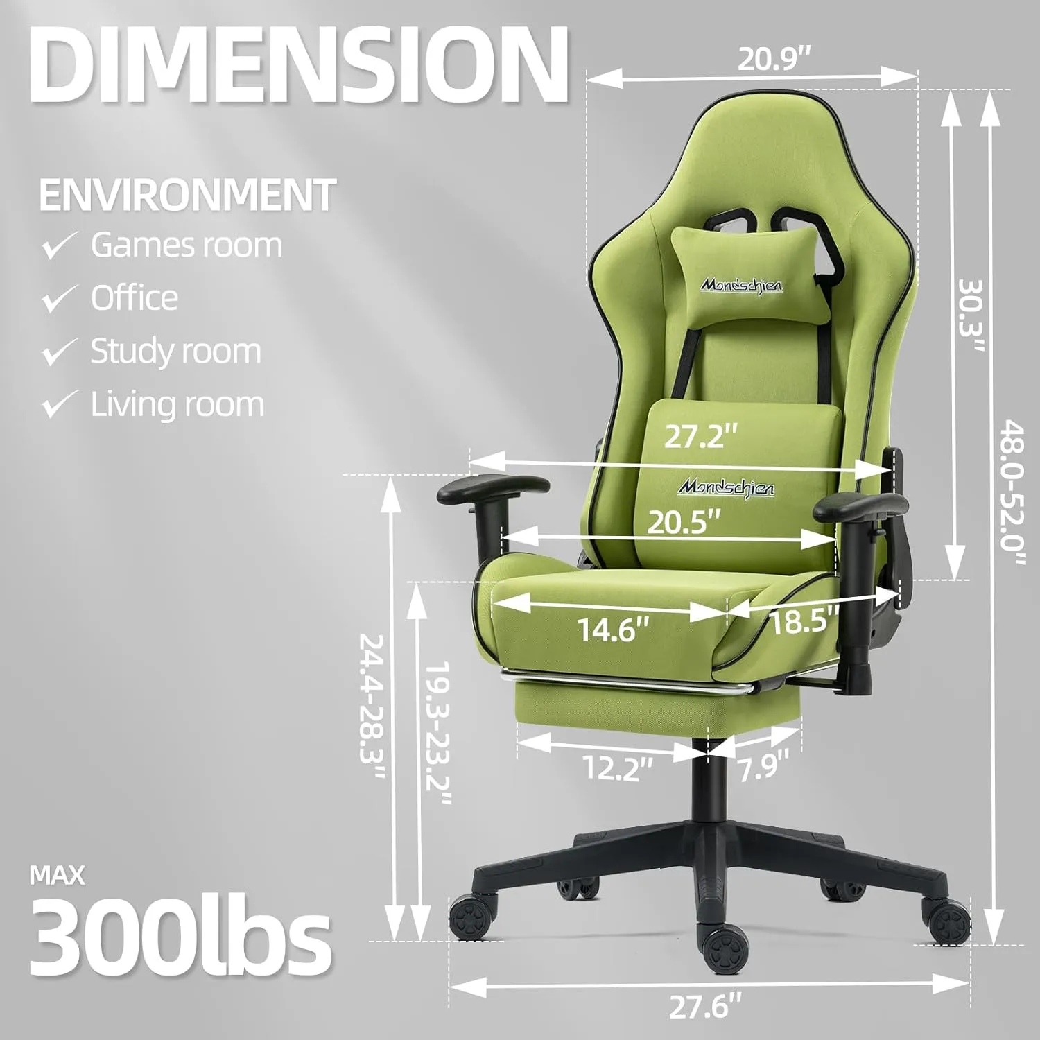 Gaming Chair with Pocket Spring, Fabric Massage Office Chair High Back Ergonomic Reclining Desk Racing Game PC Computer Chair with Footrest, Adjustable Armrest Headrest (Green)