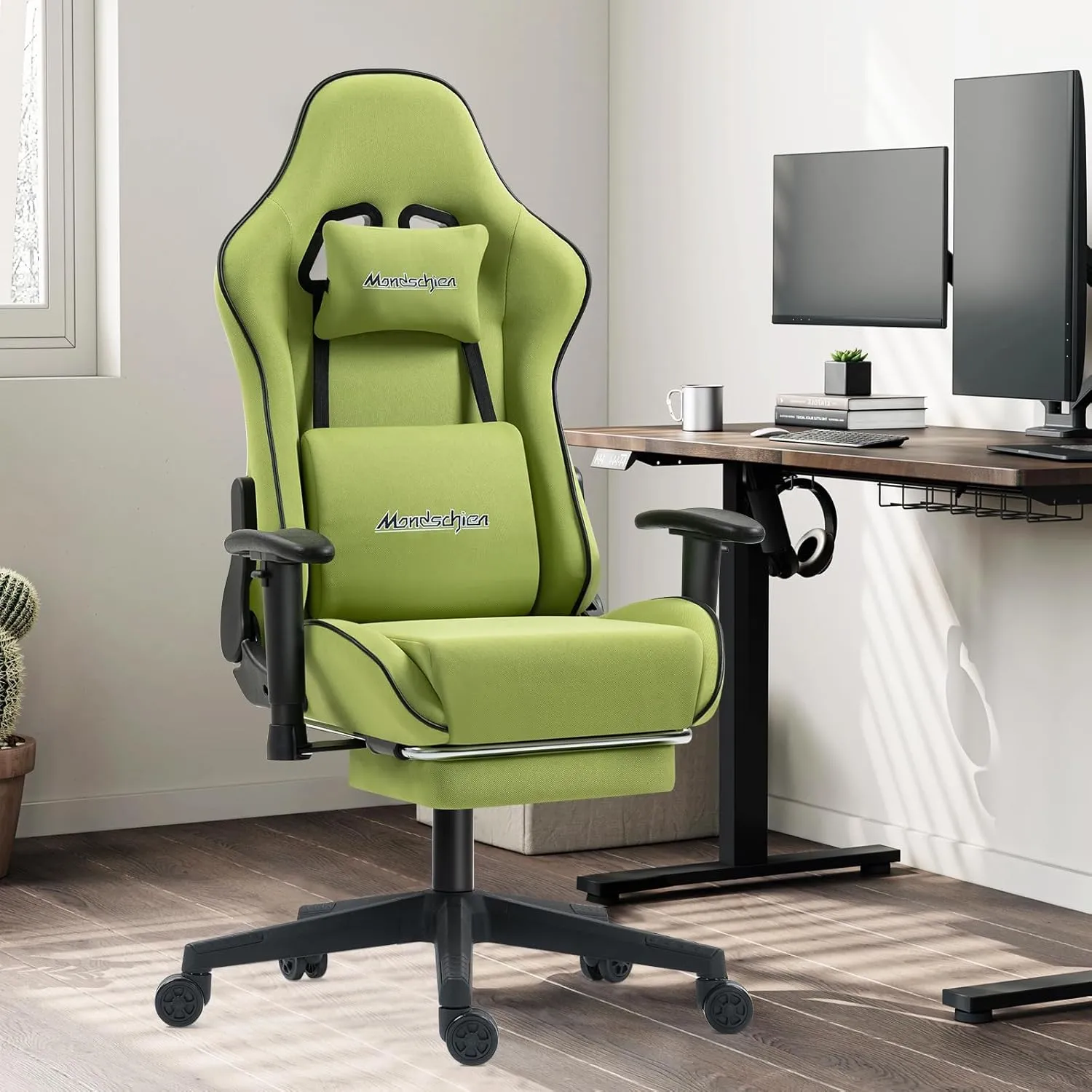 Gaming Chair with Pocket Spring, Fabric Massage Office Chair High Back Ergonomic Reclining Desk Racing Game PC Computer Chair with Footrest, Adjustable Armrest Headrest (Green)