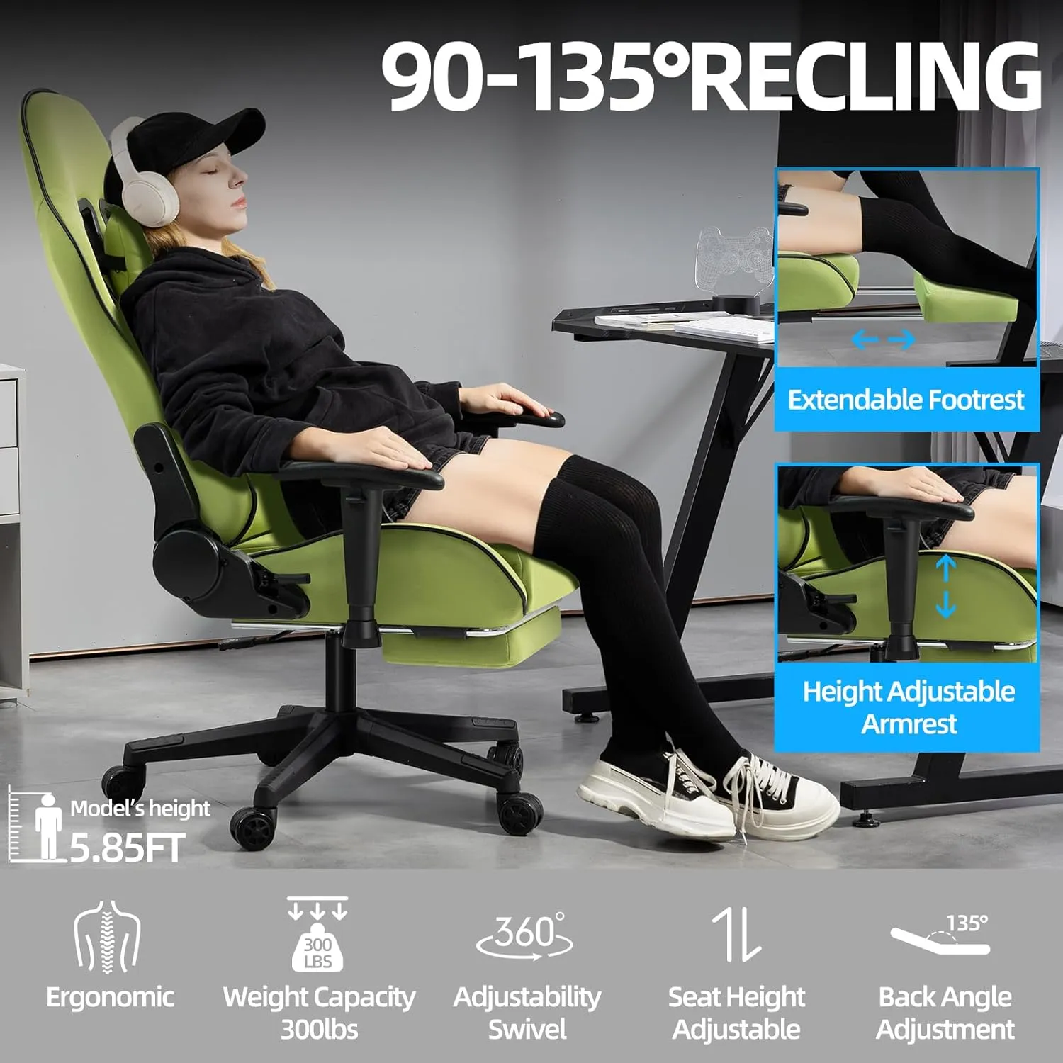 Gaming Chair with Pocket Spring, Fabric Massage Office Chair High Back Ergonomic Reclining Desk Racing Game PC Computer Chair with Footrest, Adjustable Armrest Headrest (Green)