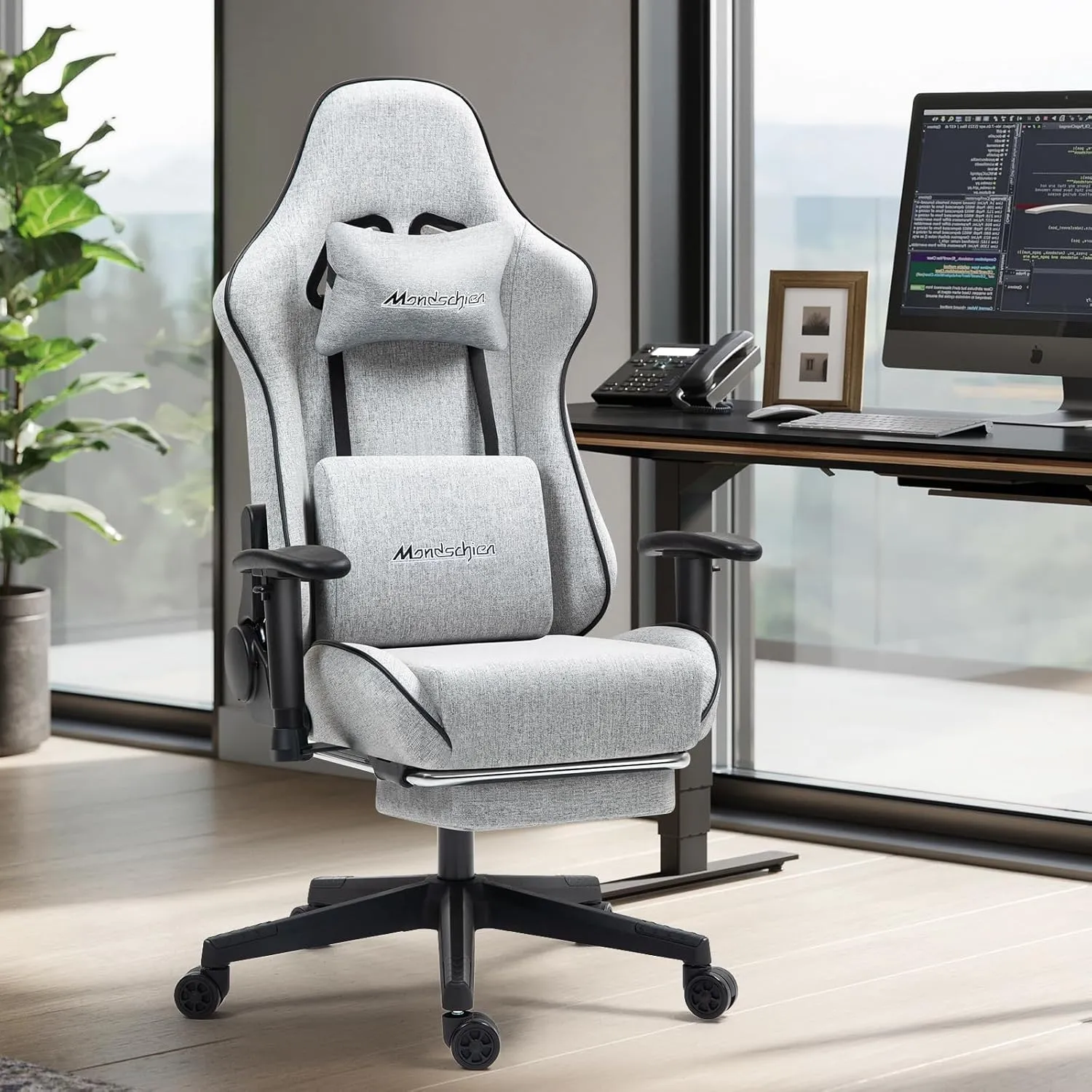 Gaming Chair with Pocket Spring, Fabric Office Chair Massage Computer Chair with Footrest, High Back Ergonomic Reclining Desk Chair Racing Game PC Chair Adjustable Armrest Headrest (Grey)