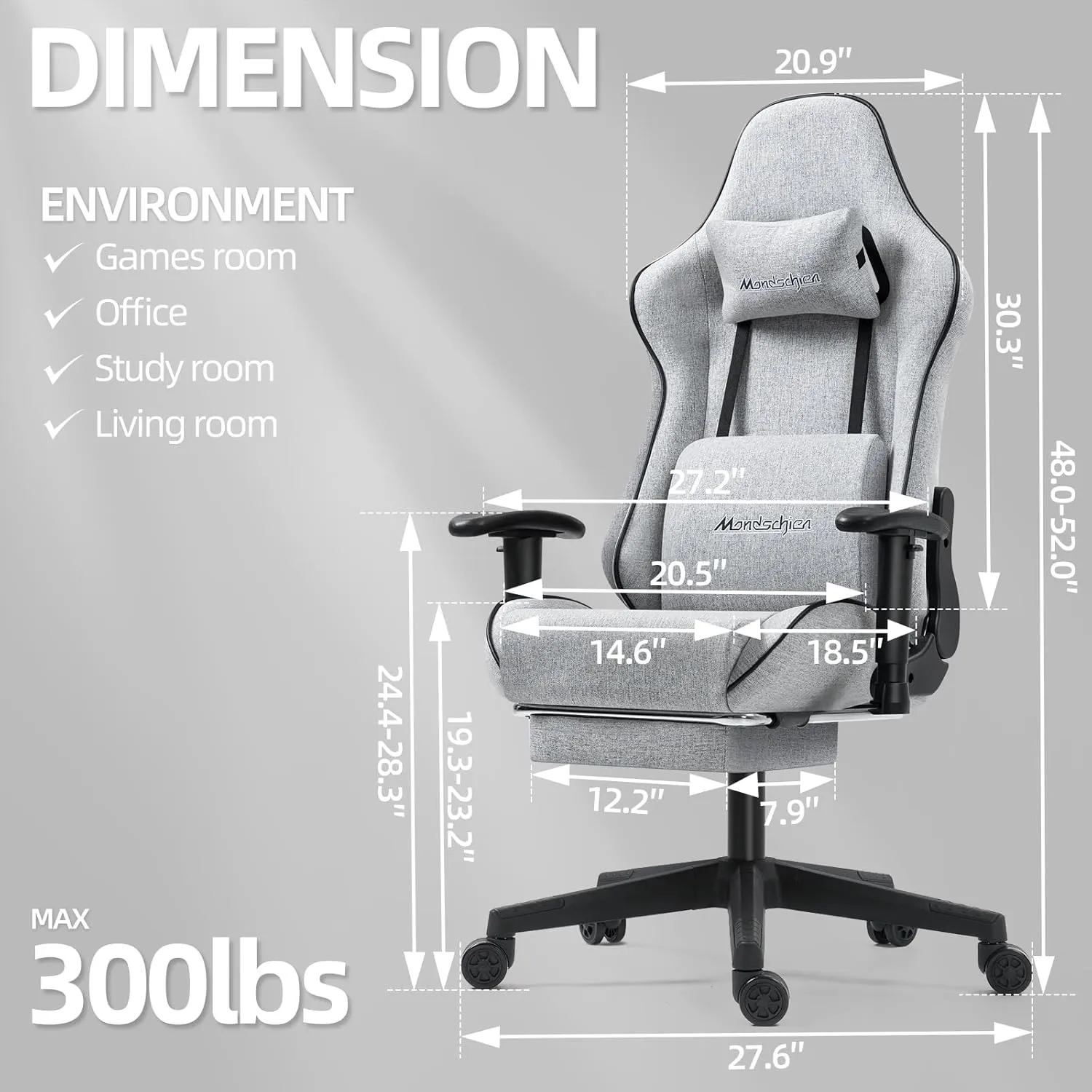 Gaming Chair with Pocket Spring, Fabric Office Chair Massage Computer Chair with Footrest, High Back Ergonomic Reclining Desk Chair Racing Game PC Chair Adjustable Armrest Headrest (Grey)