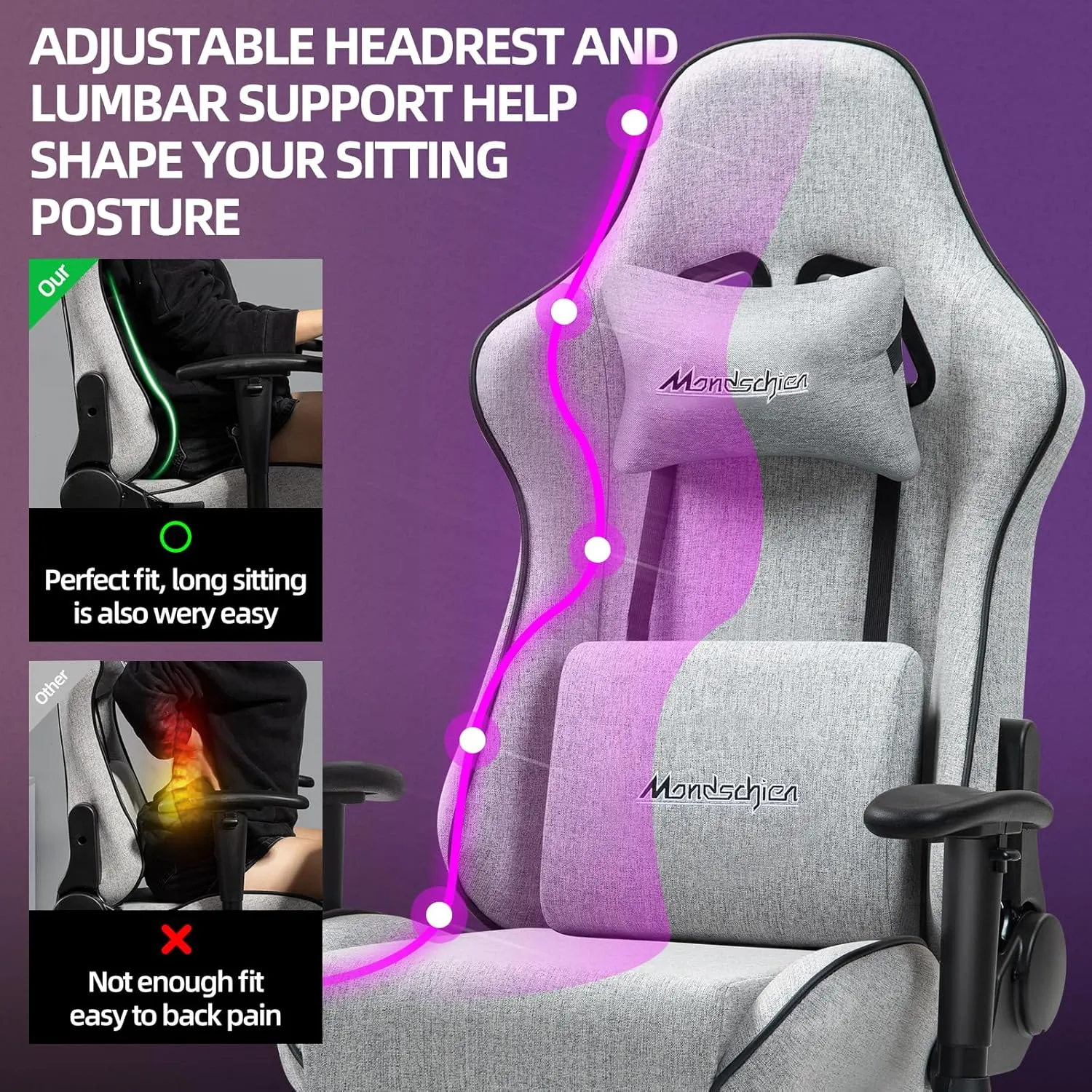 Gaming Chair with Pocket Spring, Fabric Office Chair Massage Computer Chair with Footrest, High Back Ergonomic Reclining Desk Chair Racing Game PC Chair Adjustable Armrest Headrest (Grey)