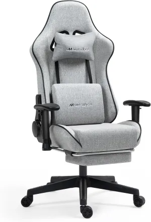 Gaming Chair with Pocket Spring, Fabric Office Chair Massage Computer Chair with Footrest, High Back Ergonomic Reclining Desk Chair Racing Game PC Chair Adjustable Armrest Headrest (Grey)