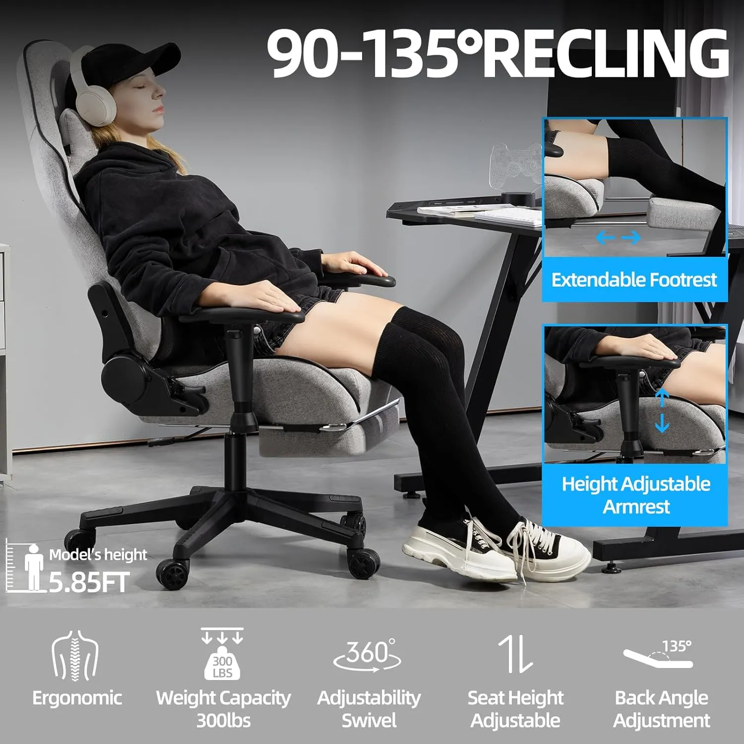 Gaming Chair with Pocket Spring, Fabric Office Chair Massage Computer Chair with Footrest, High Back Ergonomic Reclining Desk Chair Racing Game PC Chair Adjustable Armrest Headrest (Grey)