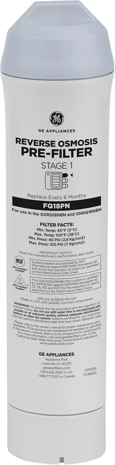 GE Pre & Post Filter Set Compatible with Select GE Under Sink Filtration Systems Including GXRQ18NBN, GNRQ18NBN, GXRV40TBN | Replace Every 6 Months | FQ18PN