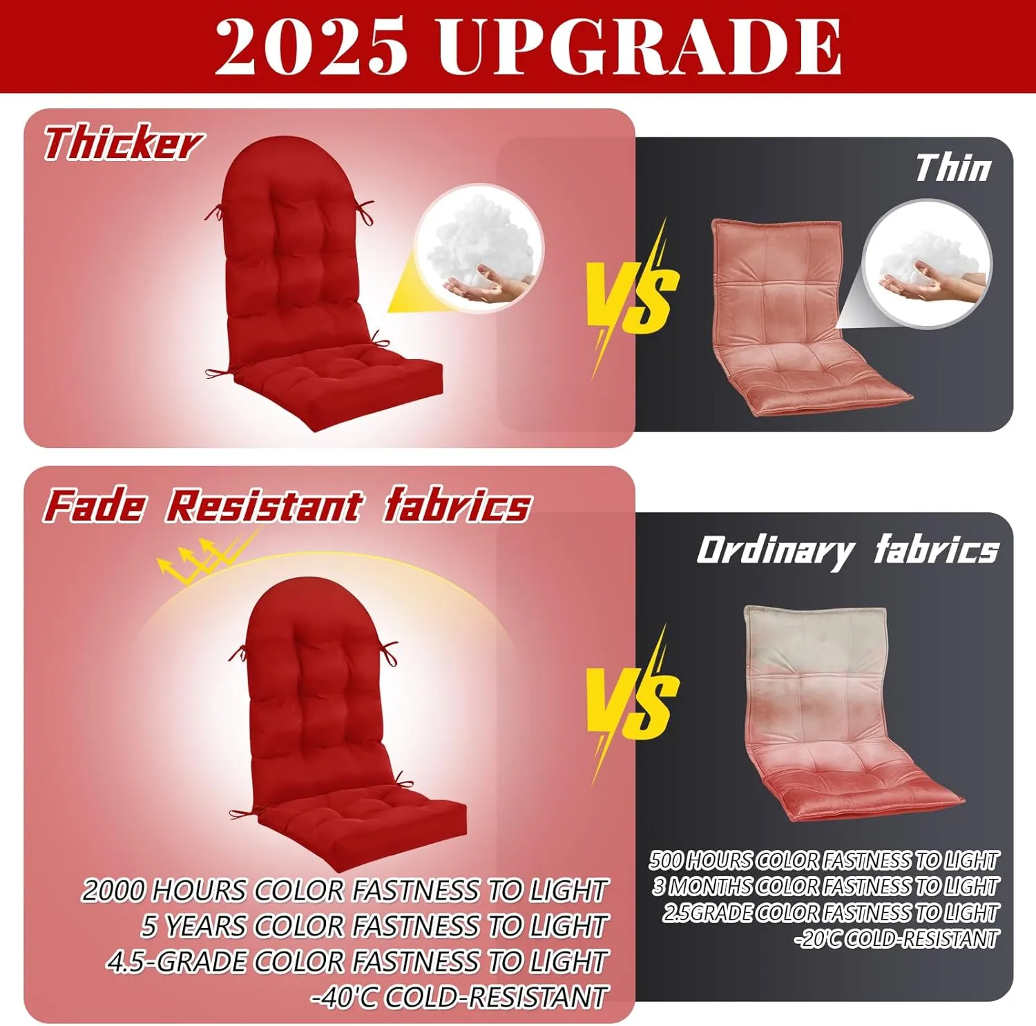 Geelin 2 Pcs Adirondack Chair Cushion High Back Patio Chair Cushion 44 x 19 x 4 Inch Tufted Weather Resistant Fade Resistant Seat Rocking Chair Cushion for Patio Rocking Chair Cushion Seat (Red)