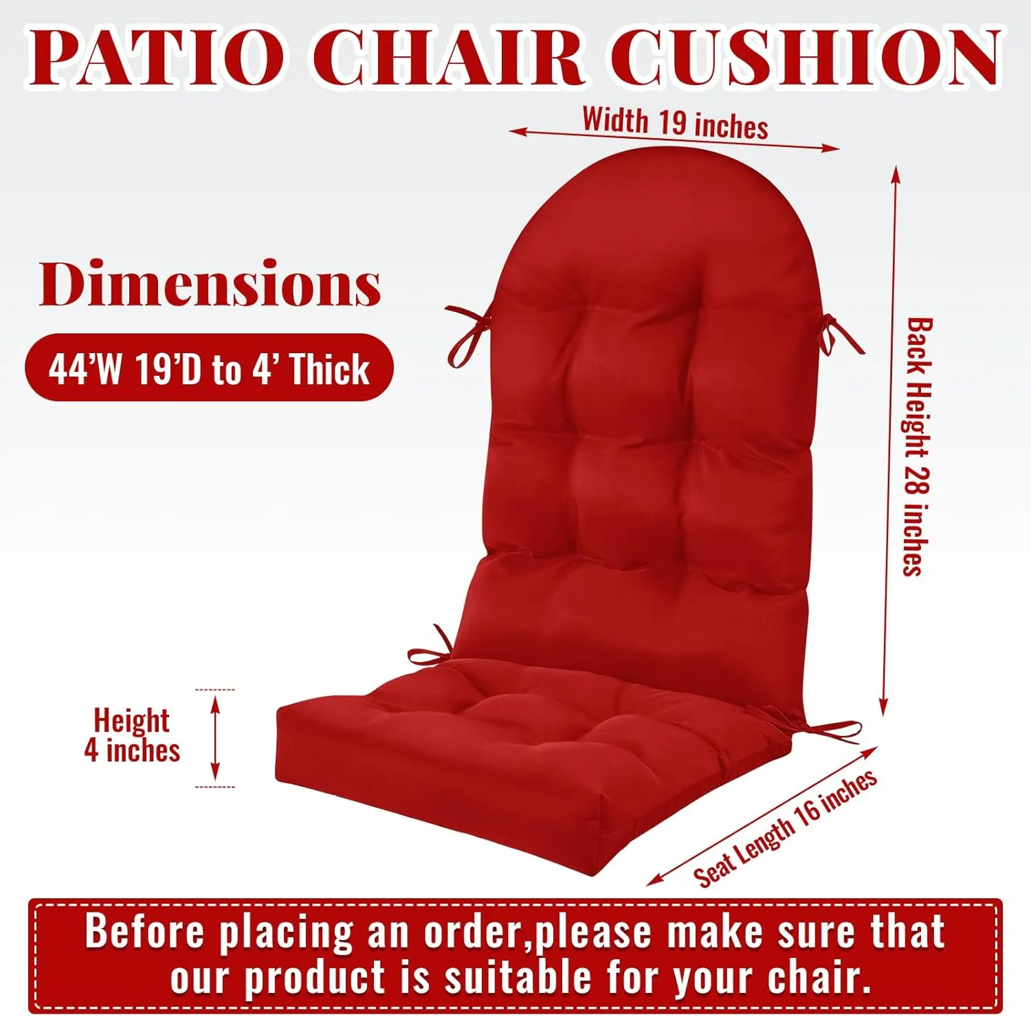 Geelin 2 Pcs Adirondack Chair Cushion High Back Patio Chair Cushion 44 x 19 x 4 Inch Tufted Weather Resistant Fade Resistant Seat Rocking Chair Cushion for Patio Rocking Chair Cushion Seat (Red)