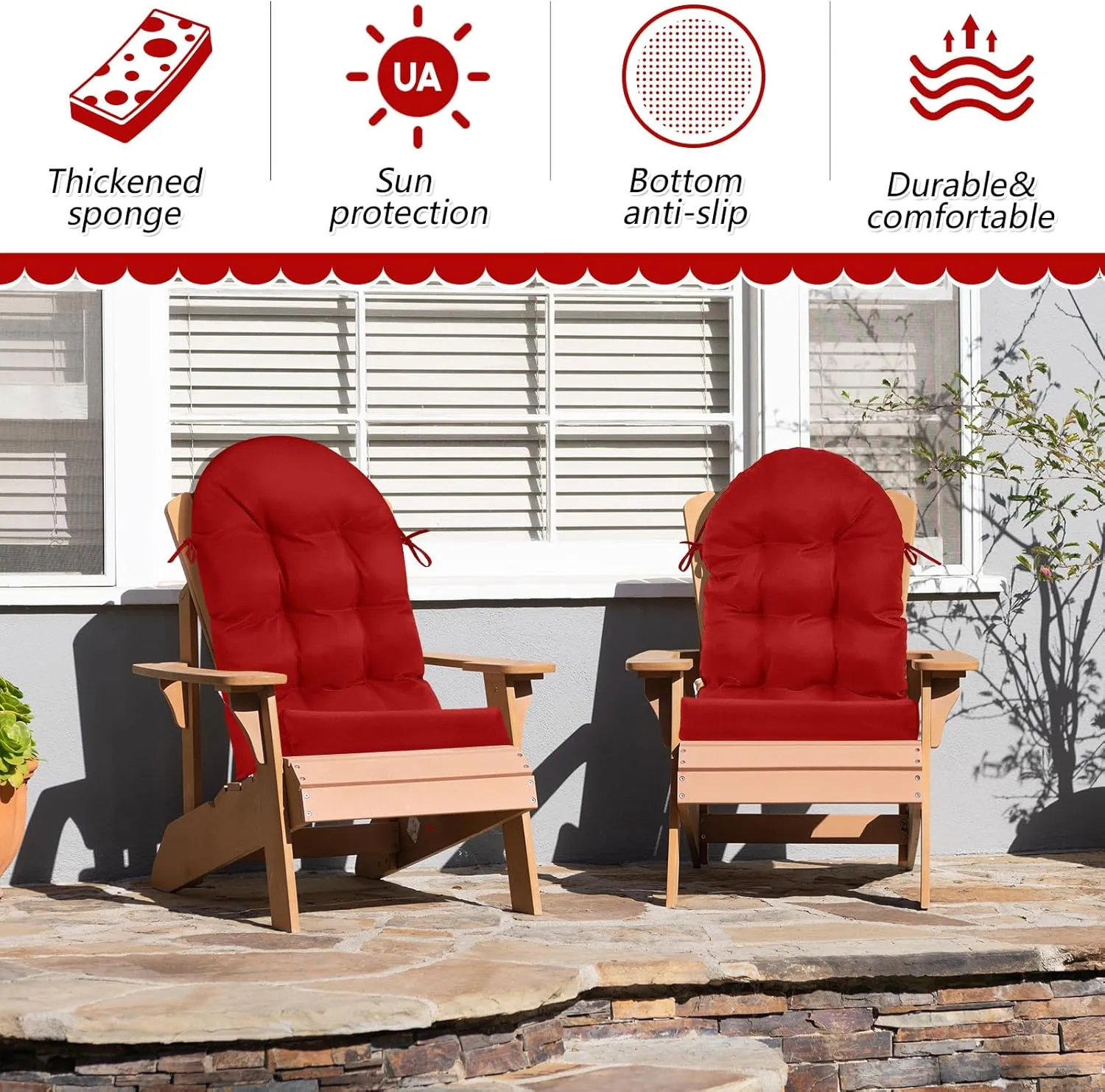 Geelin 2 Pcs Adirondack Chair Cushion High Back Patio Chair Cushion 44 x 19 x 4 Inch Tufted Weather Resistant Fade Resistant Seat Rocking Chair Cushion for Patio Rocking Chair Cushion Seat (Red)