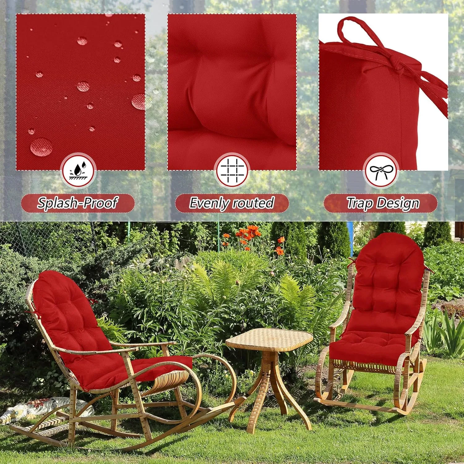 Geelin 2 Pcs Adirondack Chair Cushion High Back Patio Chair Cushion 44 x 19 x 4 Inch Tufted Weather Resistant Fade Resistant Seat Rocking Chair Cushion for Patio Rocking Chair Cushion Seat (Red)
