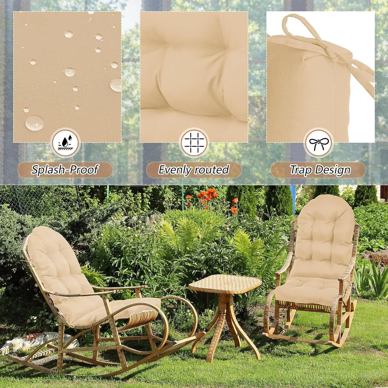 Geelin 4 Pcs Adirondack Chair Cushion High Back Patio Chair Cushion 44 x 19 x 4 Inch Tufted Weather Resistant Fade Resistant Seat Rocking Chair Cushion for Patio Rocking Chair Cushion Seat (Beige)