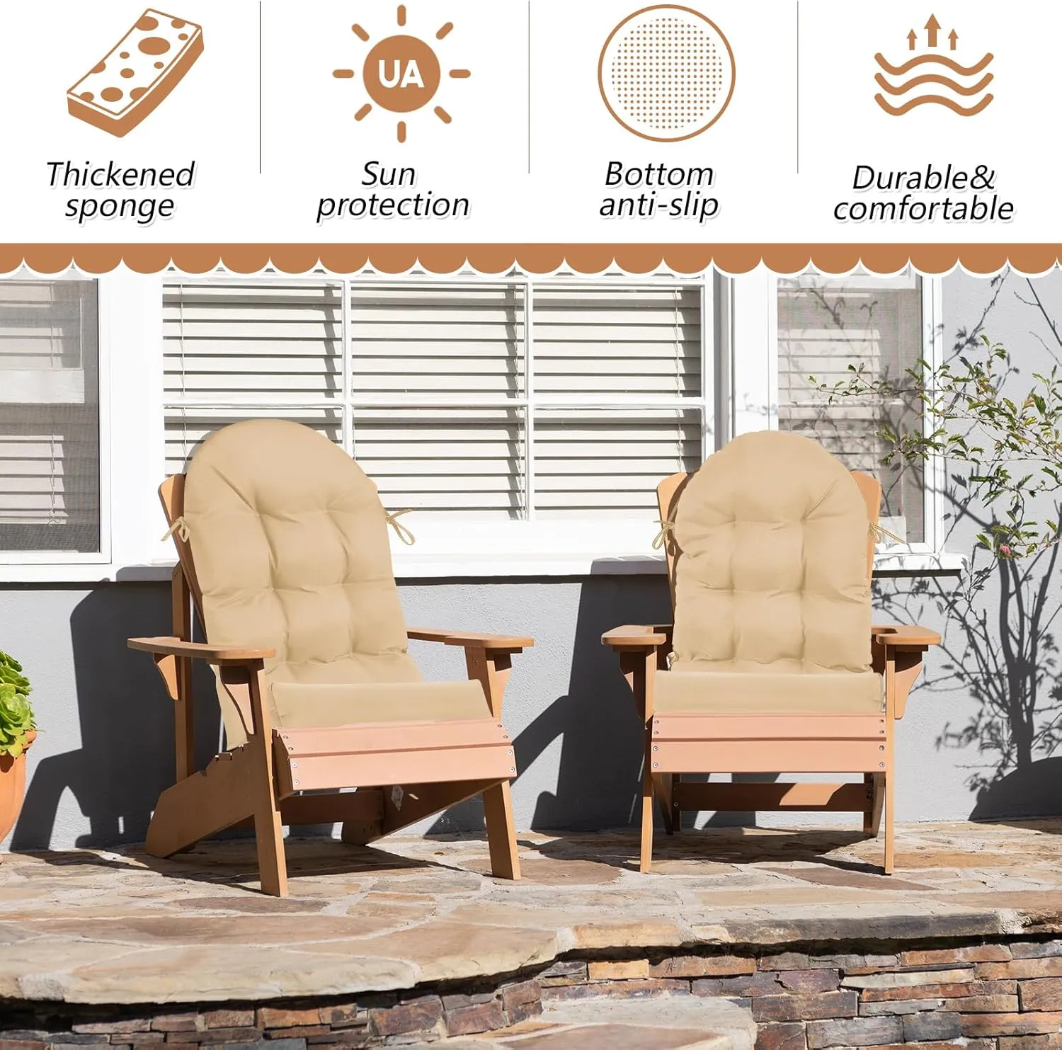 Geelin 4 Pcs Adirondack Chair Cushion High Back Patio Chair Cushion 44 x 19 x 4 Inch Tufted Weather Resistant Fade Resistant Seat Rocking Chair Cushion for Patio Rocking Chair Cushion Seat (Beige)
