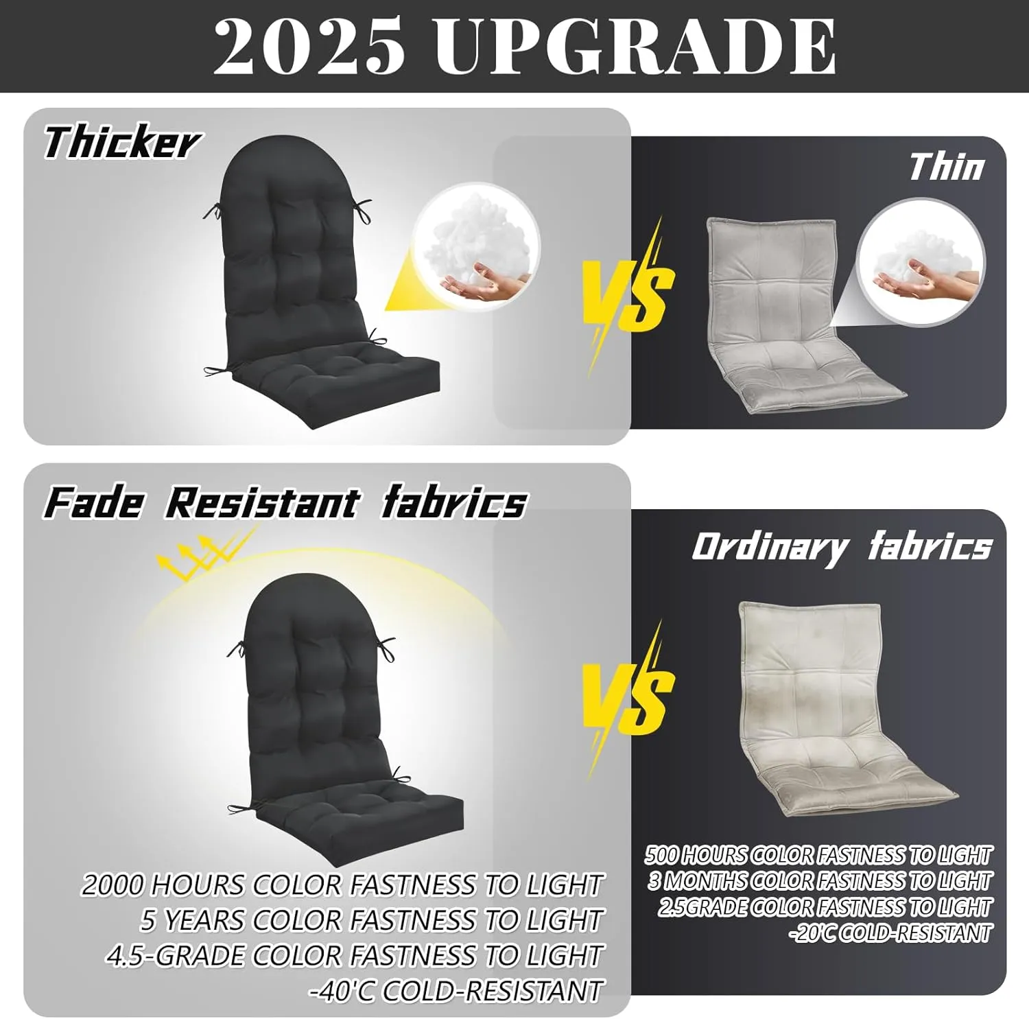 Geelin 4 Pcs Adirondack Chair Cushion High Back Patio Chair Cushion 44 x 19 x 4 Inch Tufted Weather Resistant Fade Resistant Seat Rocking Chair Cushion for Patio Rocking Chair Cushion Seat (Black)