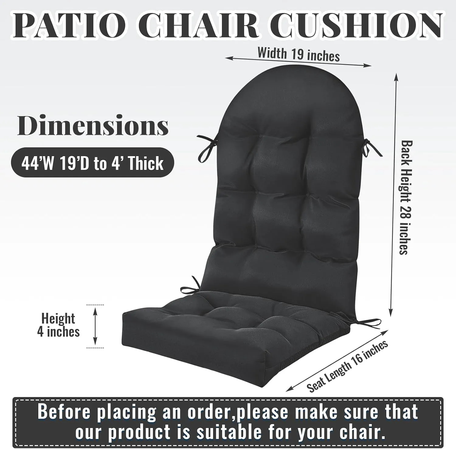 Geelin 4 Pcs Adirondack Chair Cushion High Back Patio Chair Cushion 44 x 19 x 4 Inch Tufted Weather Resistant Fade Resistant Seat Rocking Chair Cushion for Patio Rocking Chair Cushion Seat (Black)