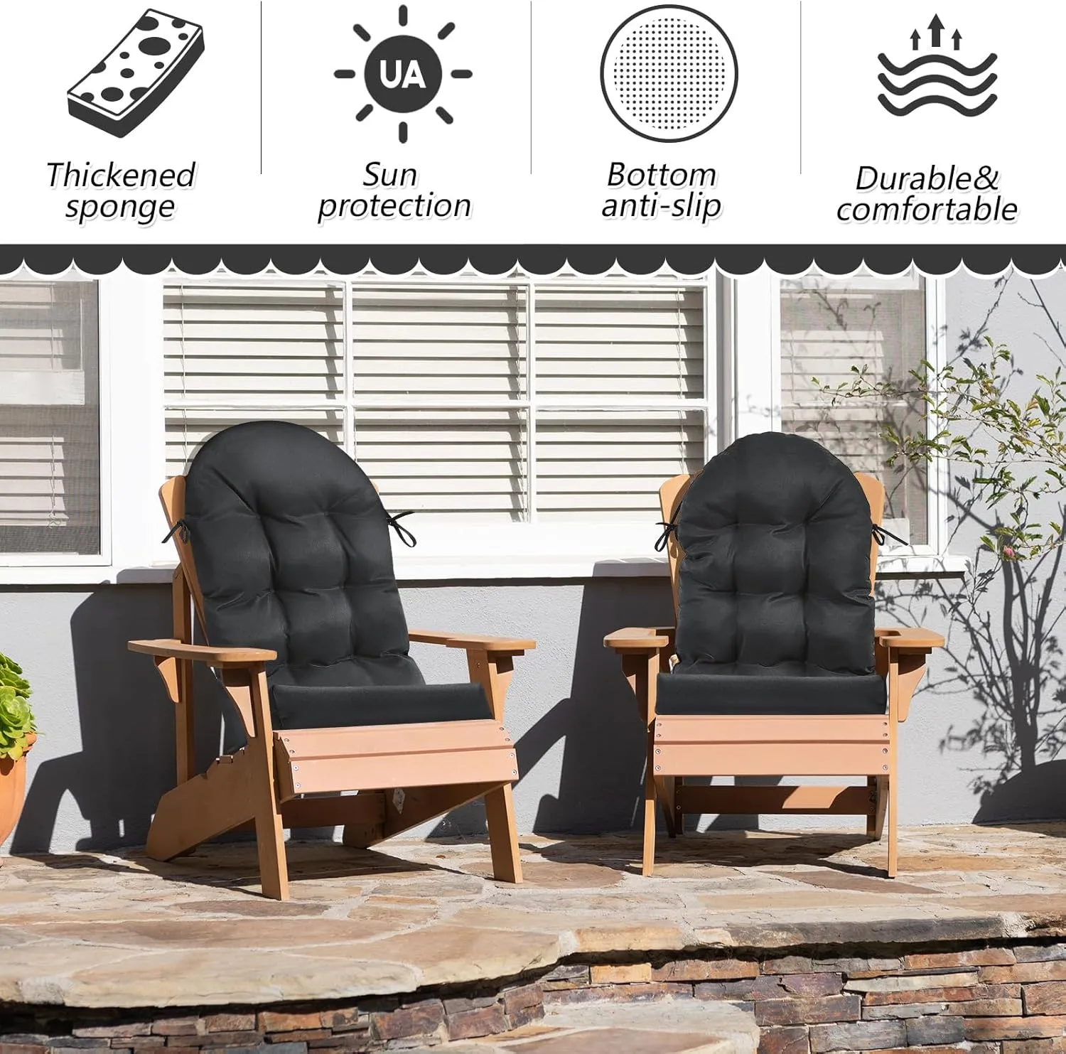 Geelin 4 Pcs Adirondack Chair Cushion High Back Patio Chair Cushion 44 x 19 x 4 Inch Tufted Weather Resistant Fade Resistant Seat Rocking Chair Cushion for Patio Rocking Chair Cushion Seat (Black)