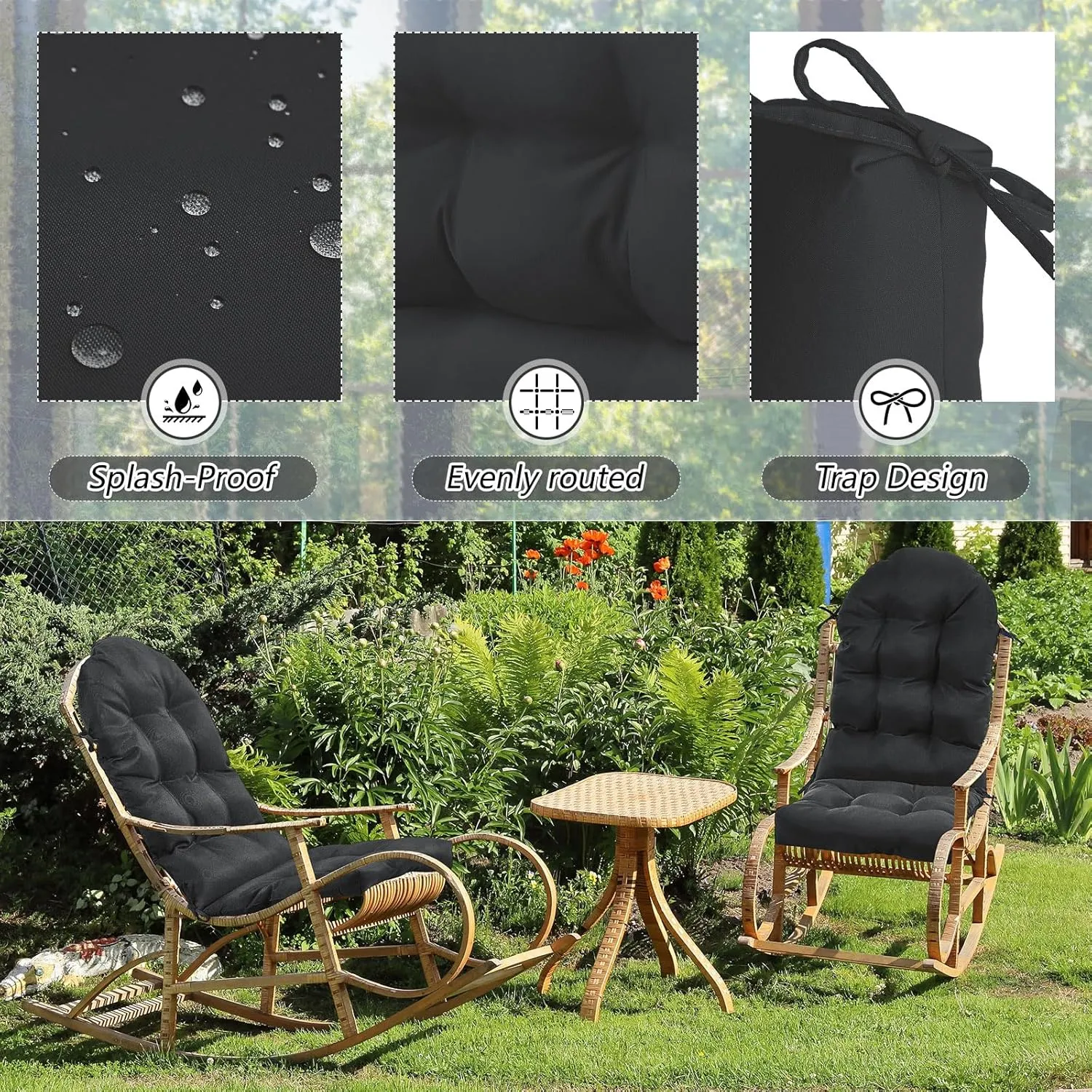 Geelin 4 Pcs Adirondack Chair Cushion High Back Patio Chair Cushion 44 x 19 x 4 Inch Tufted Weather Resistant Fade Resistant Seat Rocking Chair Cushion for Patio Rocking Chair Cushion Seat (Black)