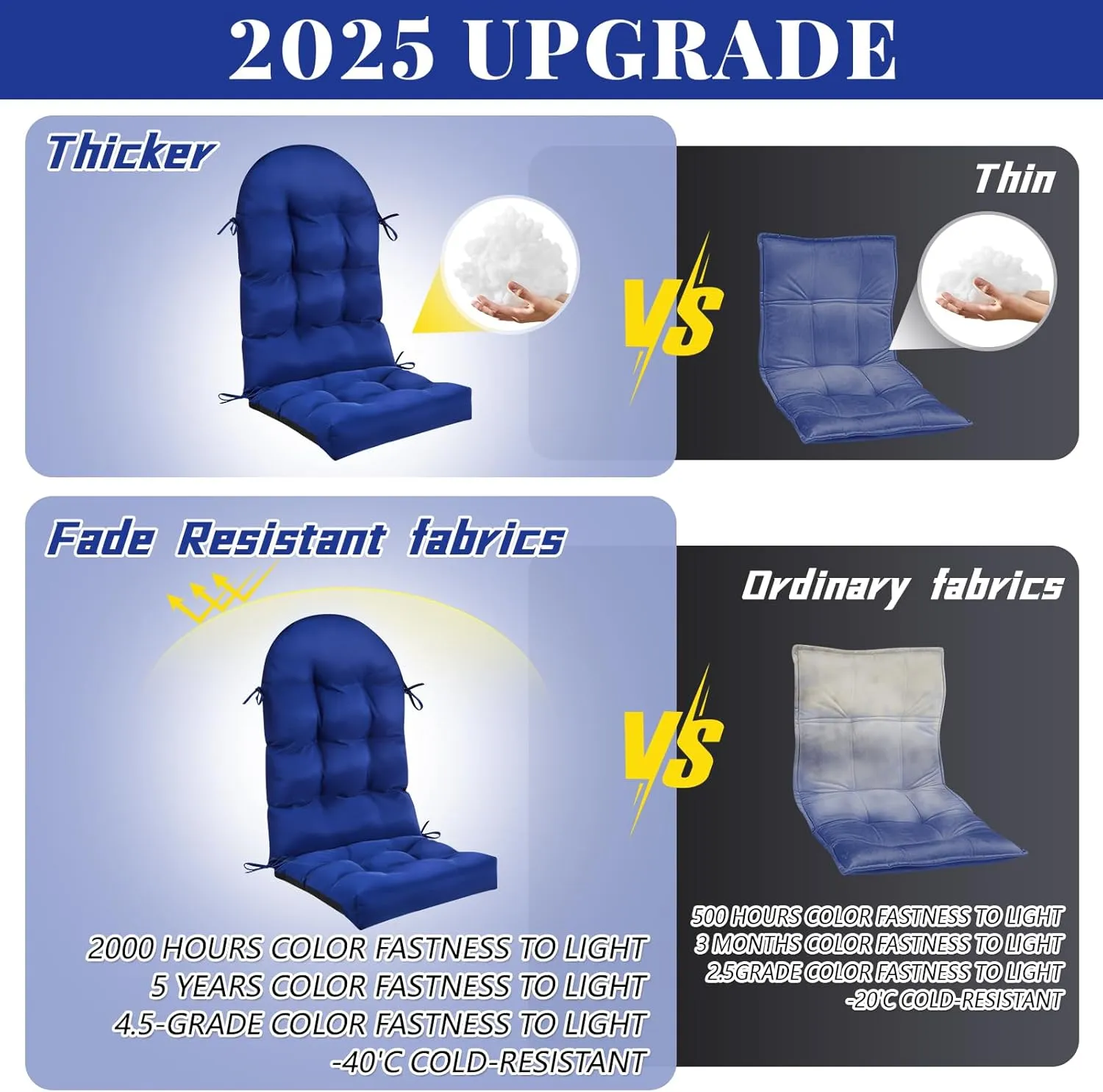 Geelin 4 Pcs Adirondack Chair Cushion High Back Patio Chair Cushion 44 x 19 x 4 Inch Tufted Weather Resistant Fade Resistant Seat Rocking Chair Cushion for Patio Rocking Chair Cushion Seat (Dark Blue)