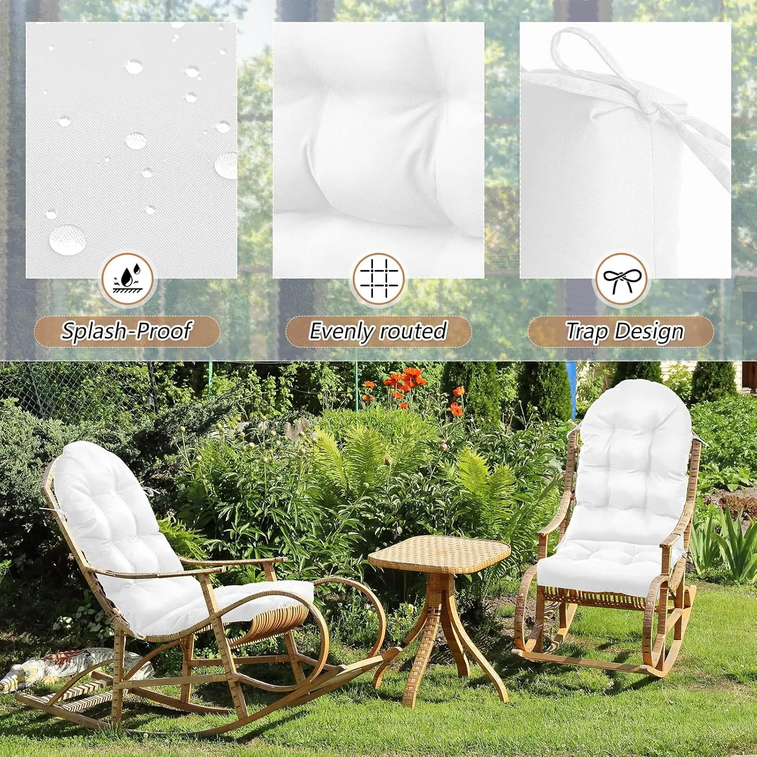 Geelin 6 Pcs Adirondack Chair Cushion High Back Patio Chair Cushion 44 x 19 x 4 Inch Tufted Weather Resistant Fade Resistant Seat Rocking Chair Cushion for Patio Rocking Chair Cushion Seat (White)