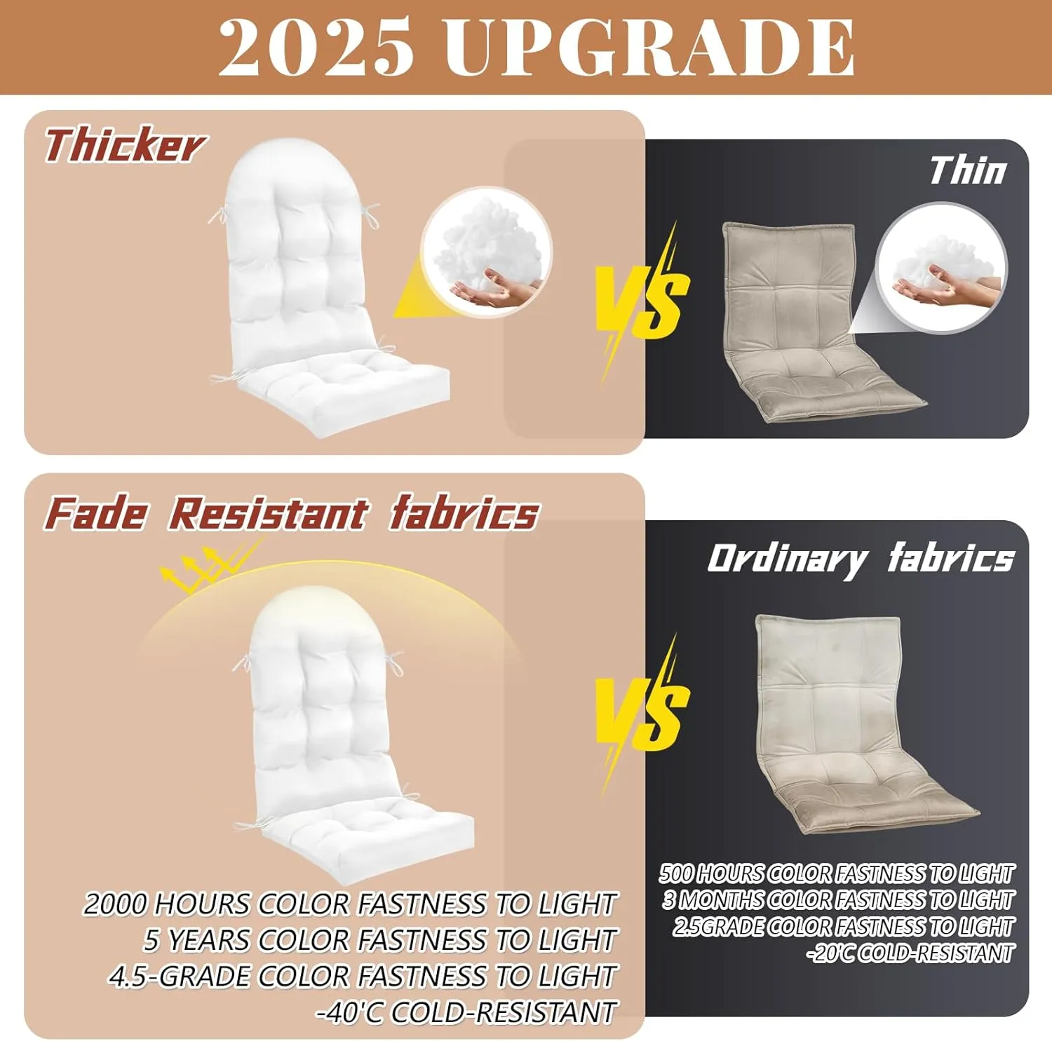 Geelin 6 Pcs Adirondack Chair Cushion High Back Patio Chair Cushion 44 x 19 x 4 Inch Tufted Weather Resistant Fade Resistant Seat Rocking Chair Cushion for Patio Rocking Chair Cushion Seat (White)