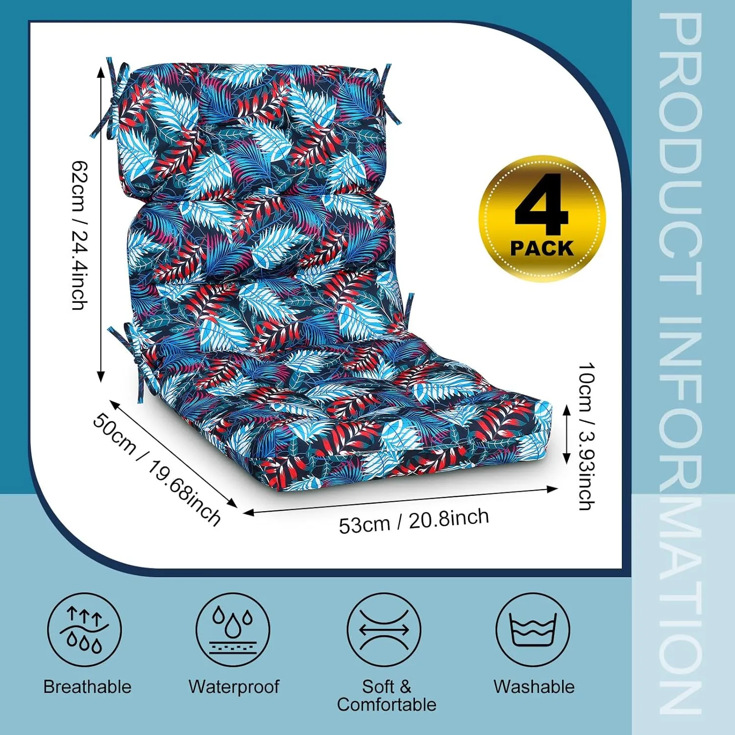 Geelin High Back Patio Chair Cushion Indoor Outdoor Seat Back Chair Cushions Tufted Patio Waterproof Rocking Pads Weather Replacement for Furniture(Blue Purple,4 Pcs)