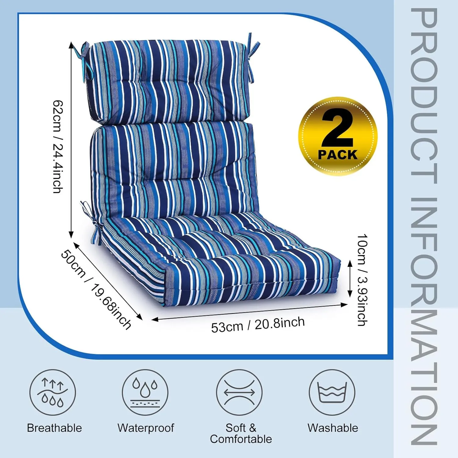 Geelin High Back Patio Chair Cushion Indoor Outdoor Seat Back Chair Cushions Tufted Patio Waterproof Rocking Pads Weather Replacement for Furniture(Blue White,2 Pcs)