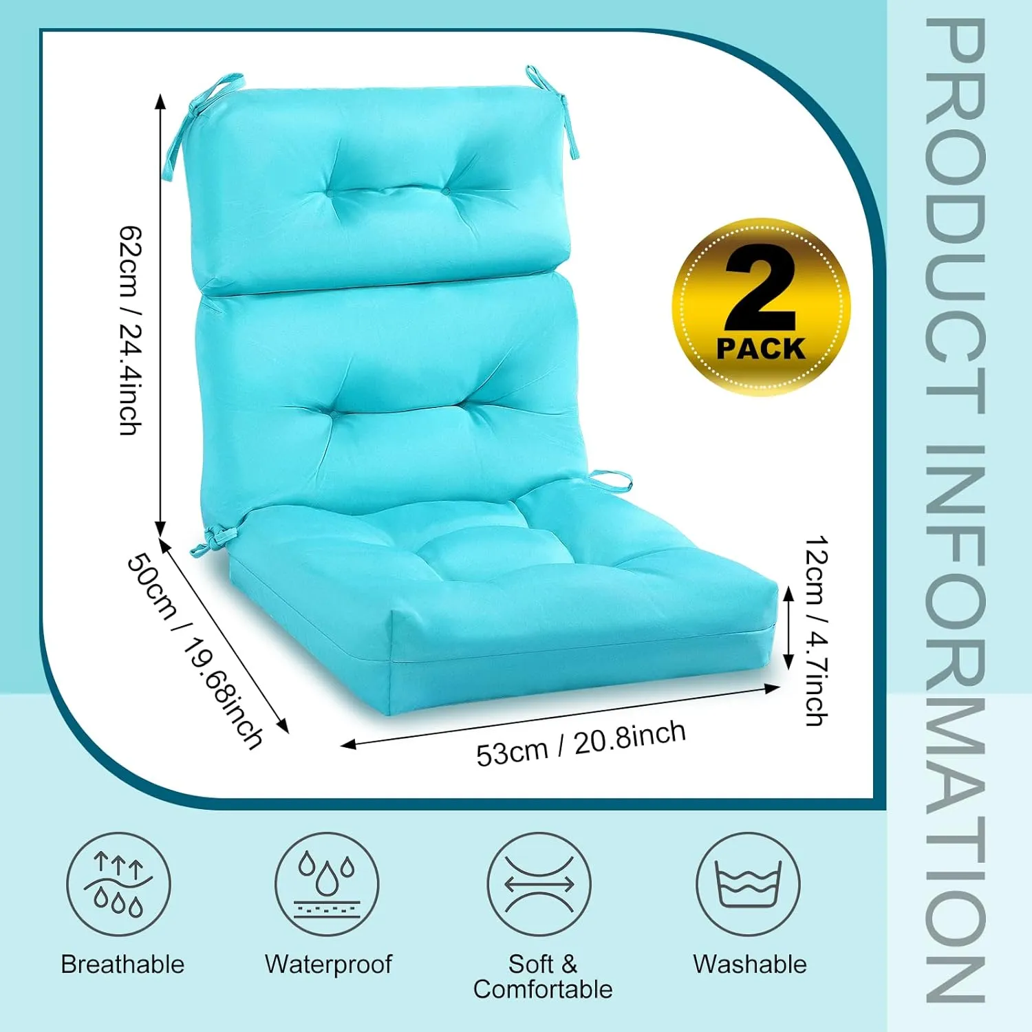 Geelin High Back Patio Chair Cushion Indoor Outdoor Seat Back Chair Cushions Tufted Patio Waterproof Rocking Pads Weather Replacement for Furniture(Blue,2 Pcs)