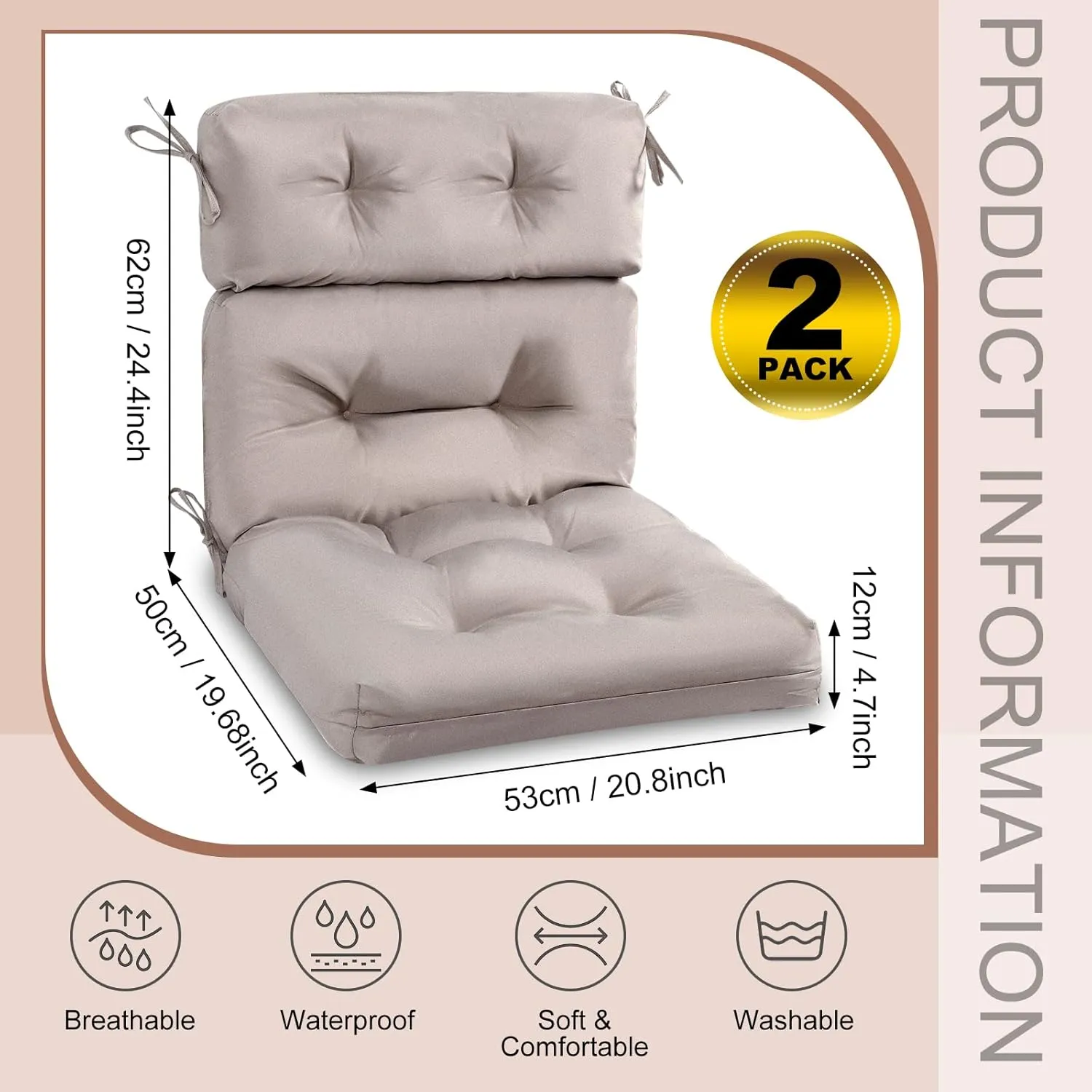 Geelin High Back Patio Chair Cushion Indoor Outdoor Seat Back Chair Cushions Tufted Patio Waterproof Rocking Pads Weather Replacement for Furniture(Khaki,2 Pcs)