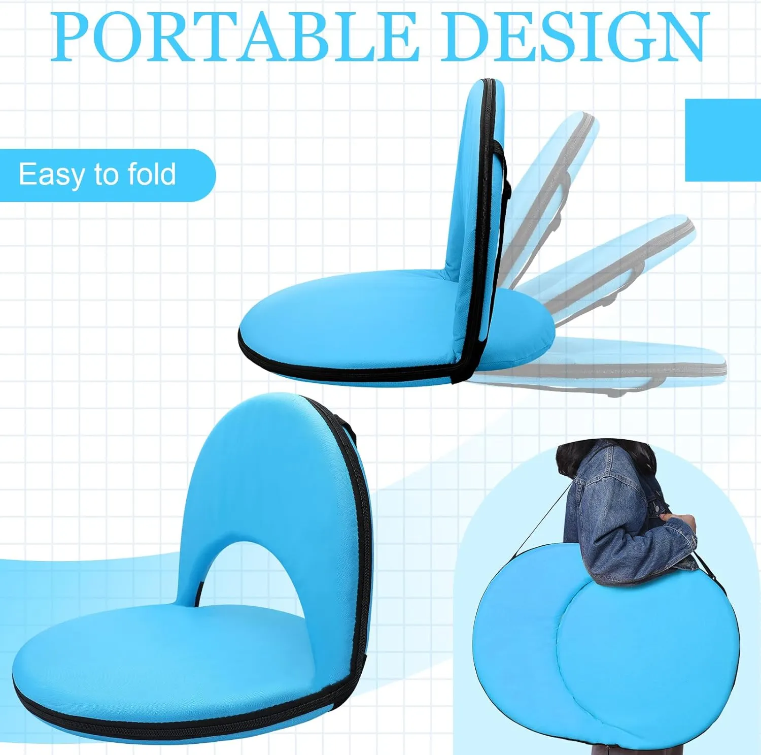 Geetery Folding Stadium Seats for Bleachers with Back Support and Cushion Wide Padded Stadium Chair Foldable Floor Chair for Sport Event Camping Beach, 6 Adjustable Reclining Position