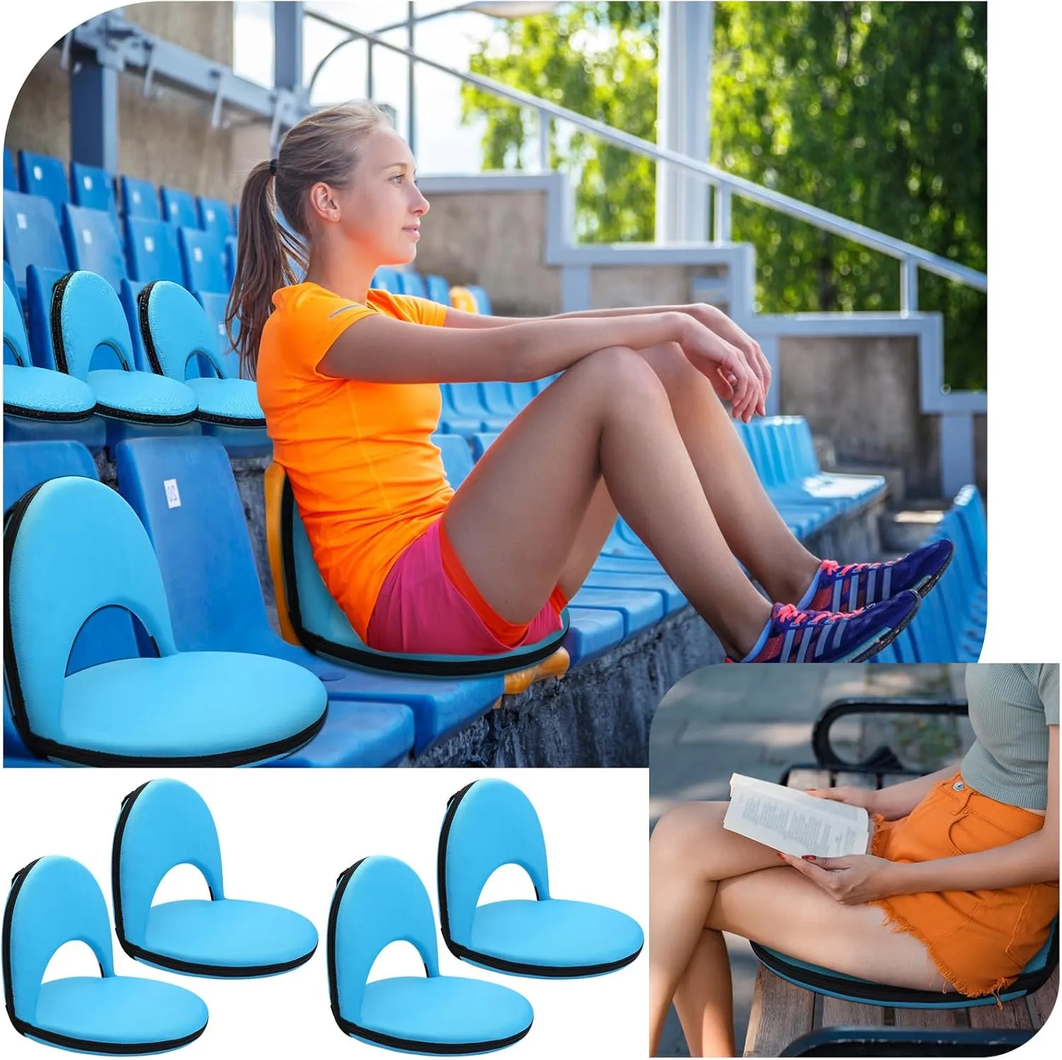 Geetery Folding Stadium Seats for Bleachers with Back Support and Cushion Wide Padded Stadium Chair Foldable Floor Chair for Sport Event Camping Beach, 6 Adjustable Reclining Position
