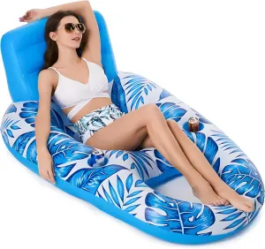 Generic Inflatable Pool Float Lounger XL Reclining Tanning Chair with Backrest, Footrest, and Cup Holder for Adults – Ideal for Swimming Pools, Beaches, Lakes, and Vacations, Blue