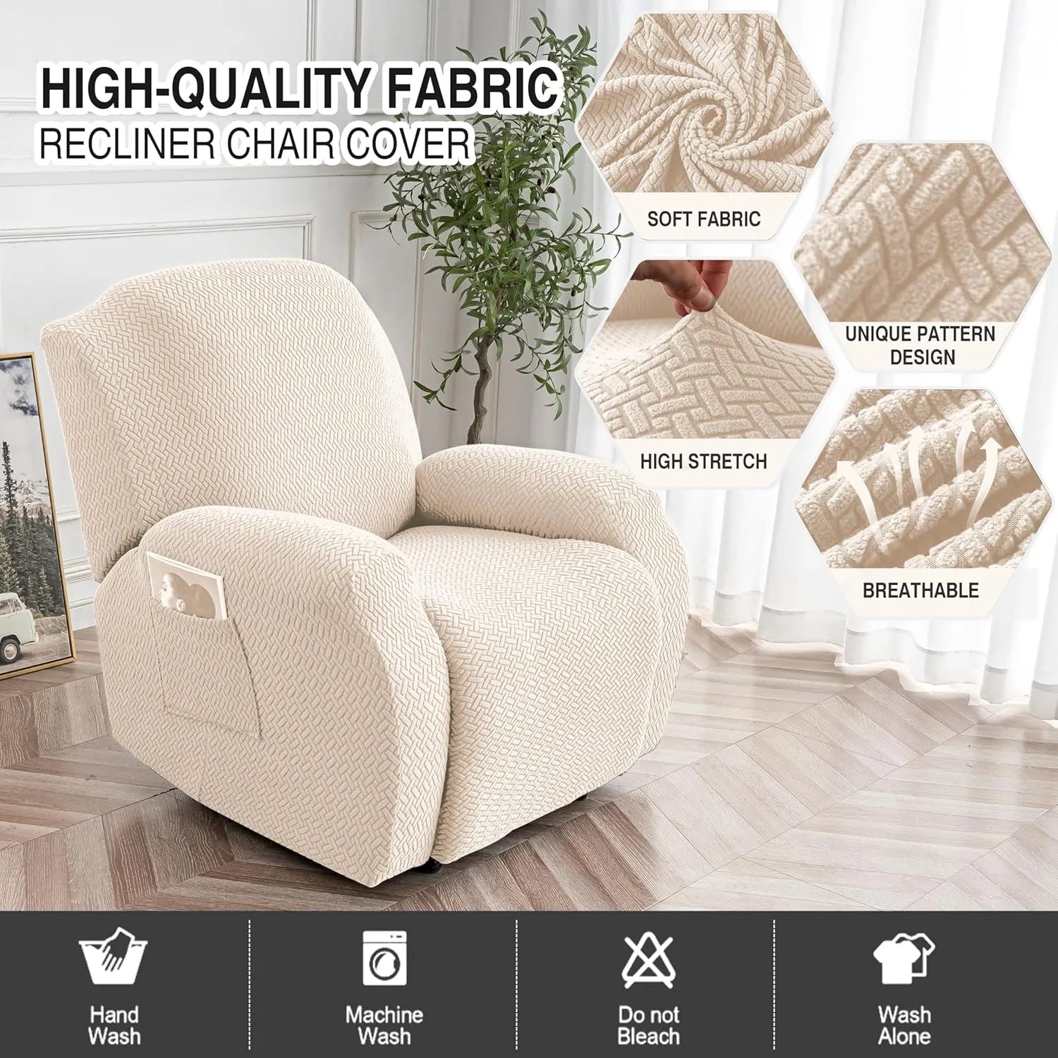 Genina Recliner Chair Cover, Stretch Reclining Chair Covers, Recliner Sofa Slipcovers Stripe Jacquard Lazy Couch Covers Furniture Protector Covers for Pet Kid (Beige, 1 Seat)
