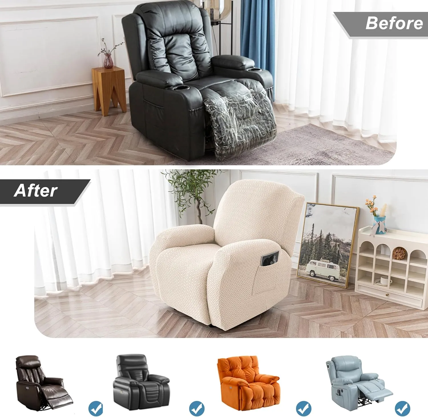 Genina Recliner Chair Cover, Stretch Reclining Chair Covers, Recliner Sofa Slipcovers Stripe Jacquard Lazy Couch Covers Furniture Protector Covers for Pet Kid (Beige, 1 Seat)