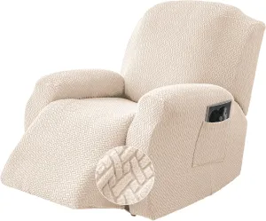 Genina Recliner Chair Cover, Stretch Reclining Chair Covers, Recliner Sofa Slipcovers Stripe Jacquard Lazy Couch Covers Furniture Protector Covers for Pet Kid (Beige, 1 Seat)