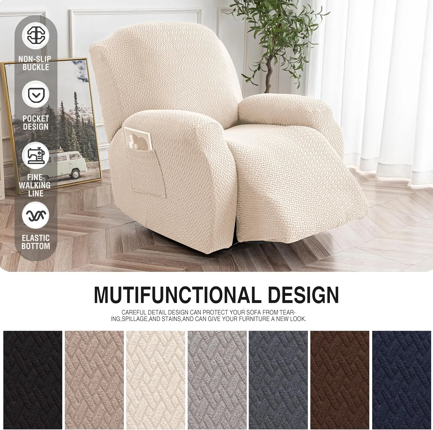 Genina Recliner Chair Cover, Stretch Reclining Chair Covers, Recliner Sofa Slipcovers Stripe Jacquard Lazy Couch Covers Furniture Protector Covers for Pet Kid (Beige, 1 Seat)