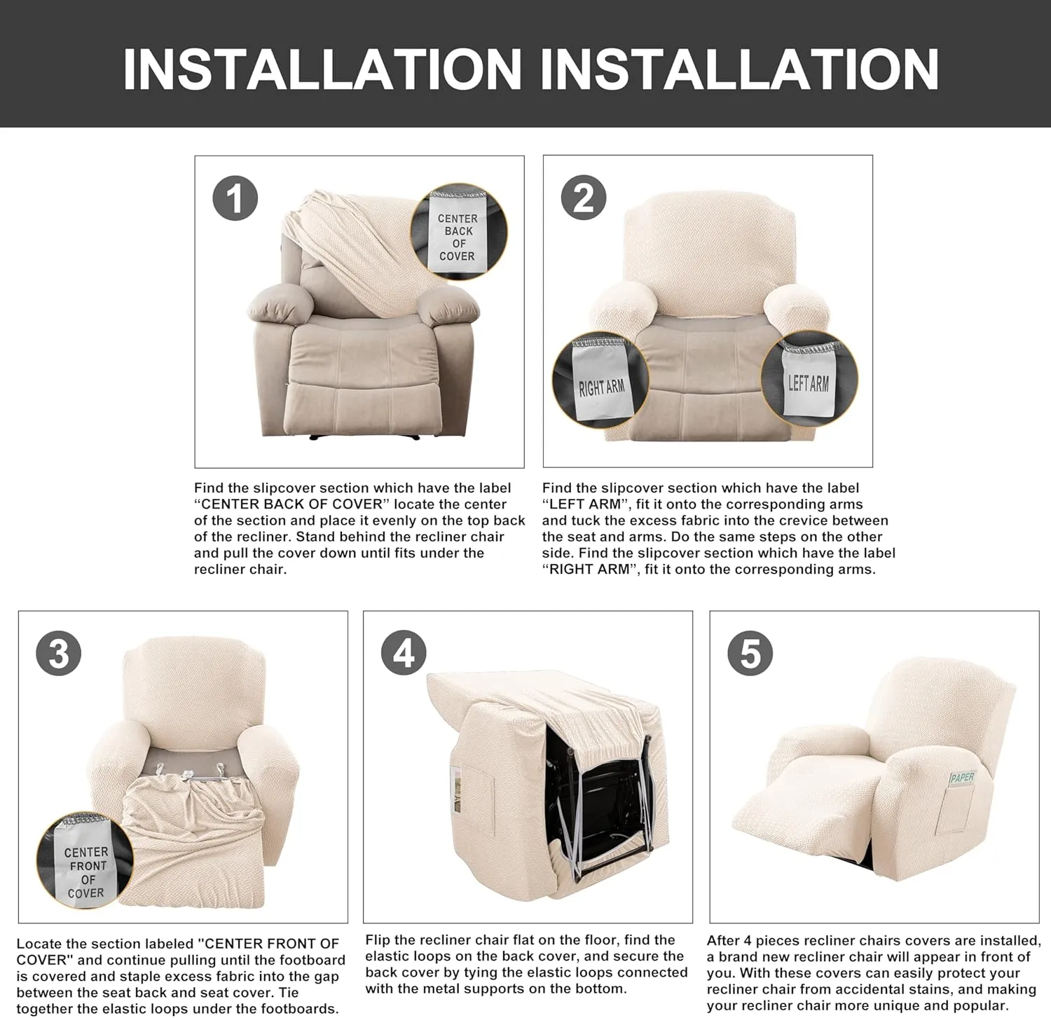 Genina Recliner Chair Cover, Stretch Reclining Chair Covers, Recliner Sofa Slipcovers Stripe Jacquard Lazy Couch Covers Furniture Protector Covers for Pet Kid (Beige, 1 Seat)