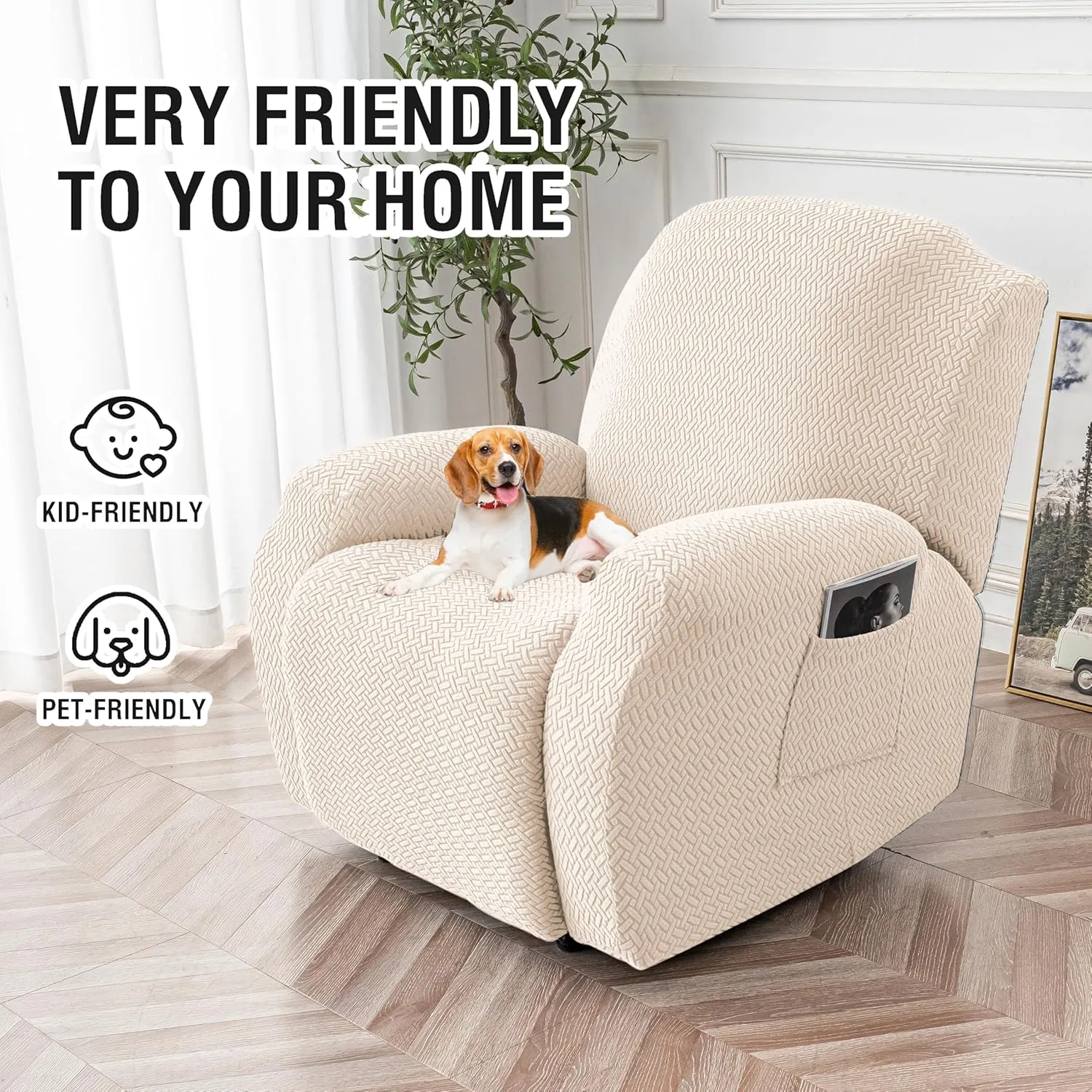 Genina Recliner Chair Cover, Stretch Reclining Chair Covers, Recliner Sofa Slipcovers Stripe Jacquard Lazy Couch Covers Furniture Protector Covers for Pet Kid (Beige, 1 Seat)