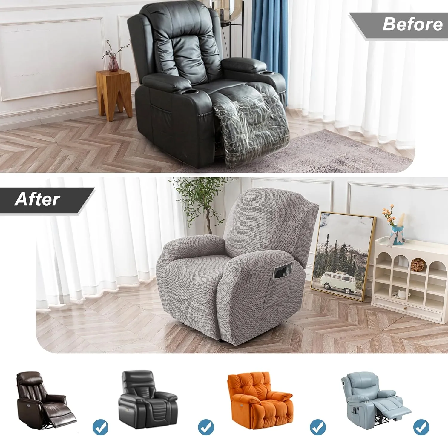 Genina Recliner Chair Covers, Stretch Reclining Chair Cover, Recliner Sofa Slipcovers Stripe Jacquard Lazy Couch Covers Furniture Protector Covers for Pet Kid (Light Grey, 1 Seat)