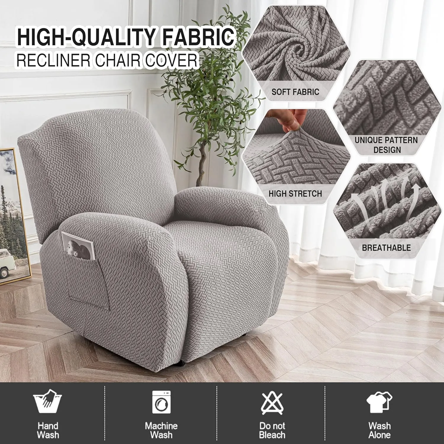 Genina Recliner Chair Covers, Stretch Reclining Chair Cover, Recliner Sofa Slipcovers Stripe Jacquard Lazy Couch Covers Furniture Protector Covers for Pet Kid (Light Grey, 1 Seat)