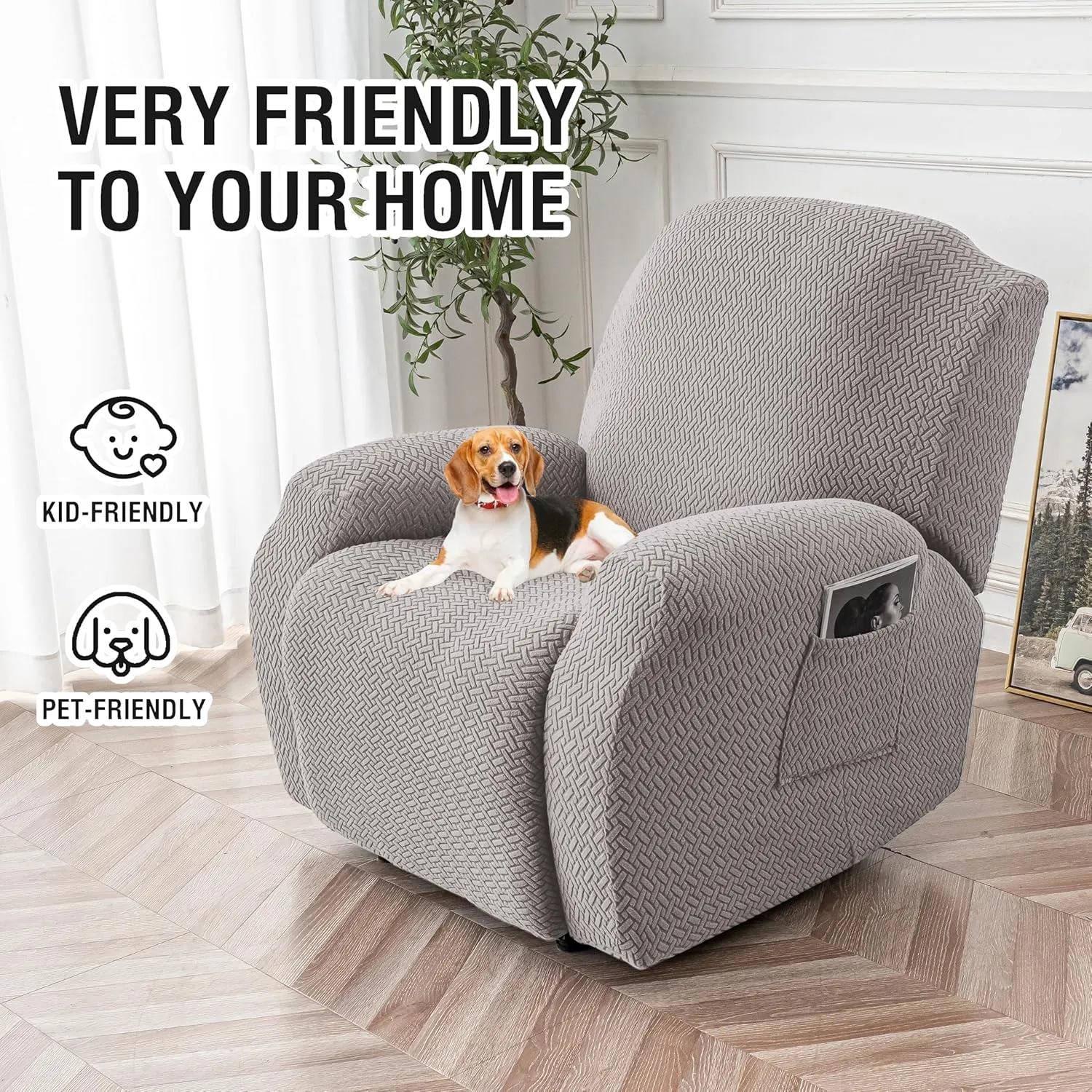 Genina Recliner Chair Covers, Stretch Reclining Chair Cover, Recliner Sofa Slipcovers Stripe Jacquard Lazy Couch Covers Furniture Protector Covers for Pet Kid (Light Grey, 1 Seat)